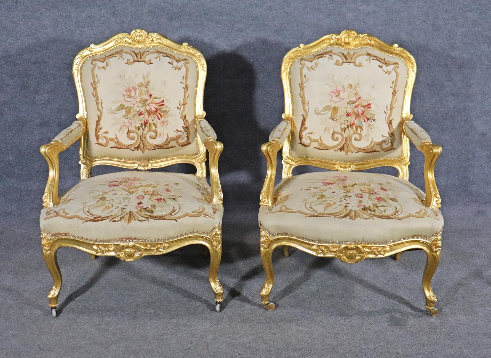 Fine Pair French Louis XV Gilded Aubusson Fauteuils Armchairs Circa 1930s In Good Condition In Swedesboro, NJ