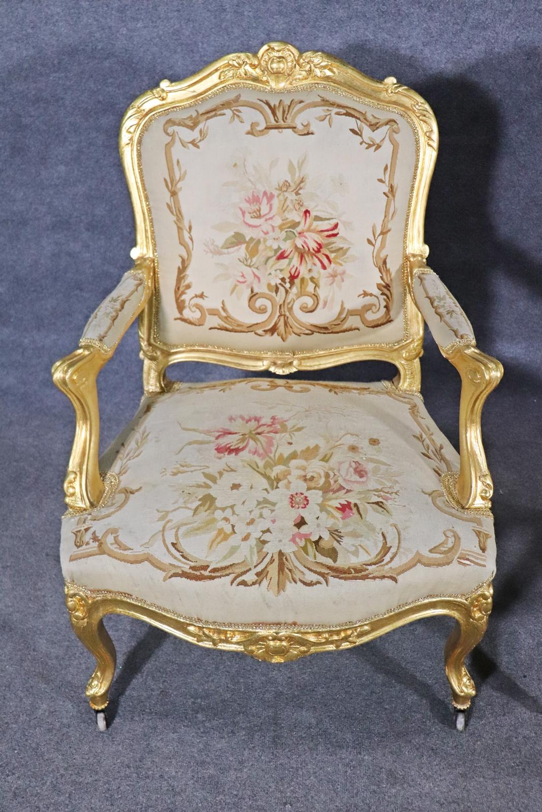 Mid-20th Century Fine Pair French Louis XV Gilded Aubusson Fauteuils Armchairs Circa 1930s