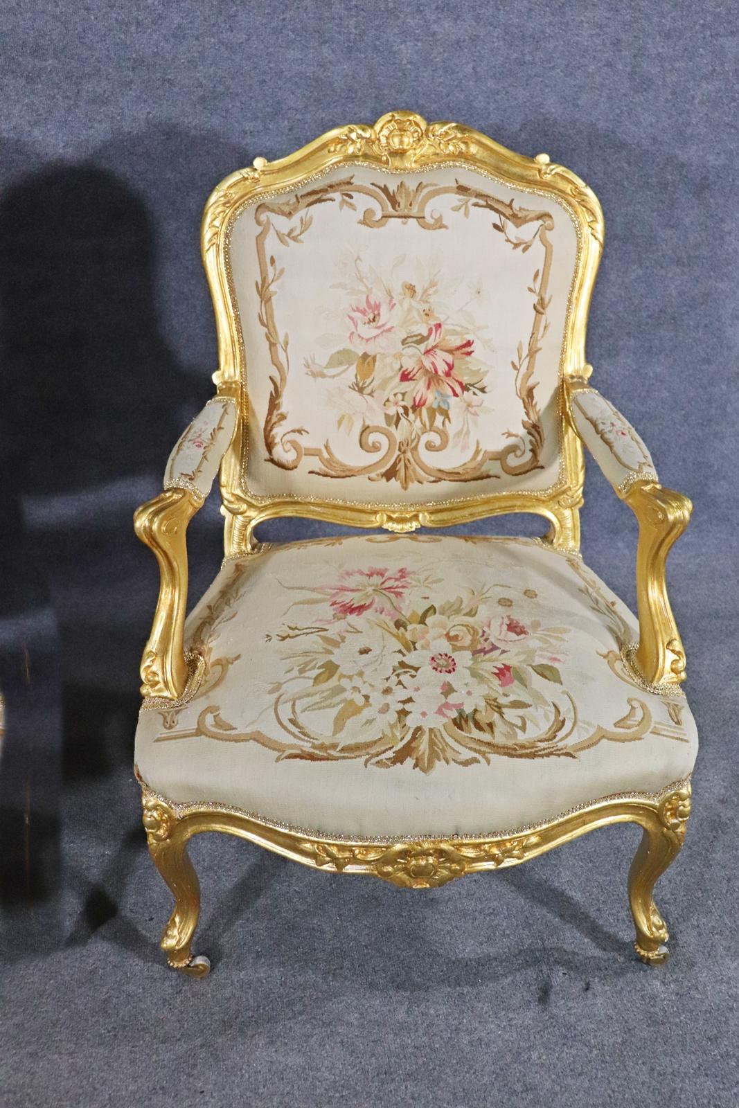 Walnut Fine Pair French Louis XV Gilded Aubusson Fauteuils Armchairs Circa 1930s