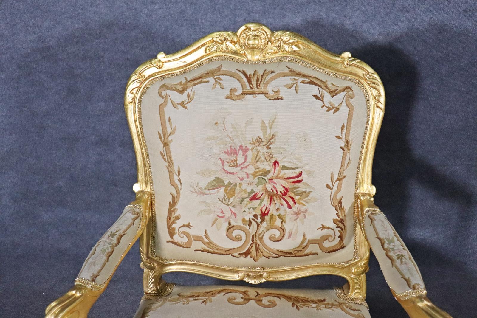 Fine Pair French Louis XV Gilded Aubusson Fauteuils Armchairs Circa 1930s 1