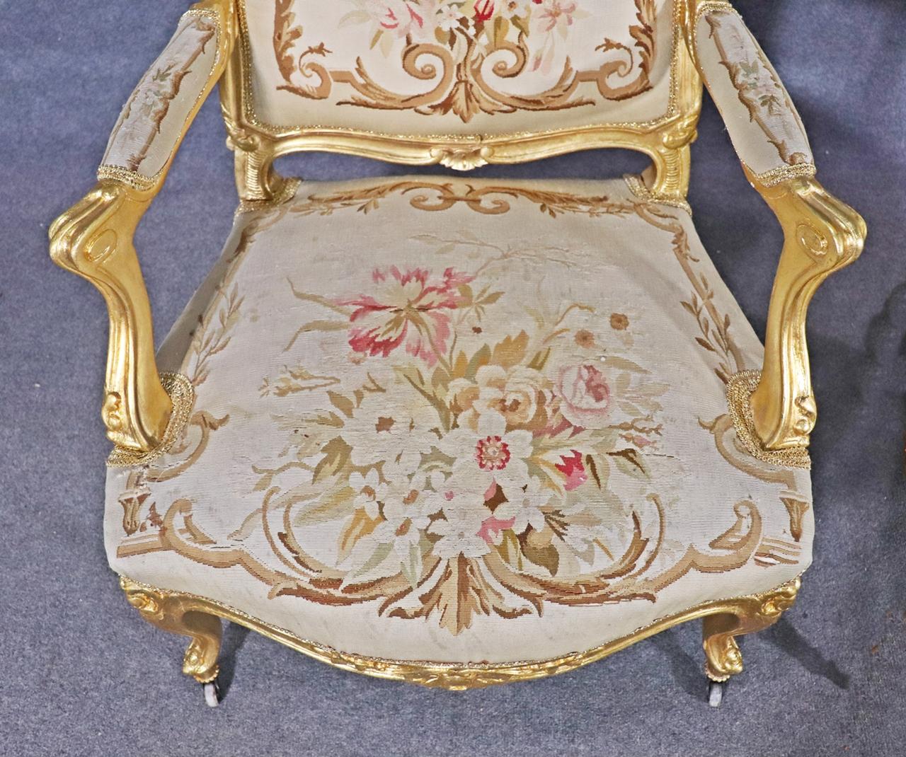 Fine Pair French Louis XV Gilded Aubusson Fauteuils Armchairs Circa 1930s 2