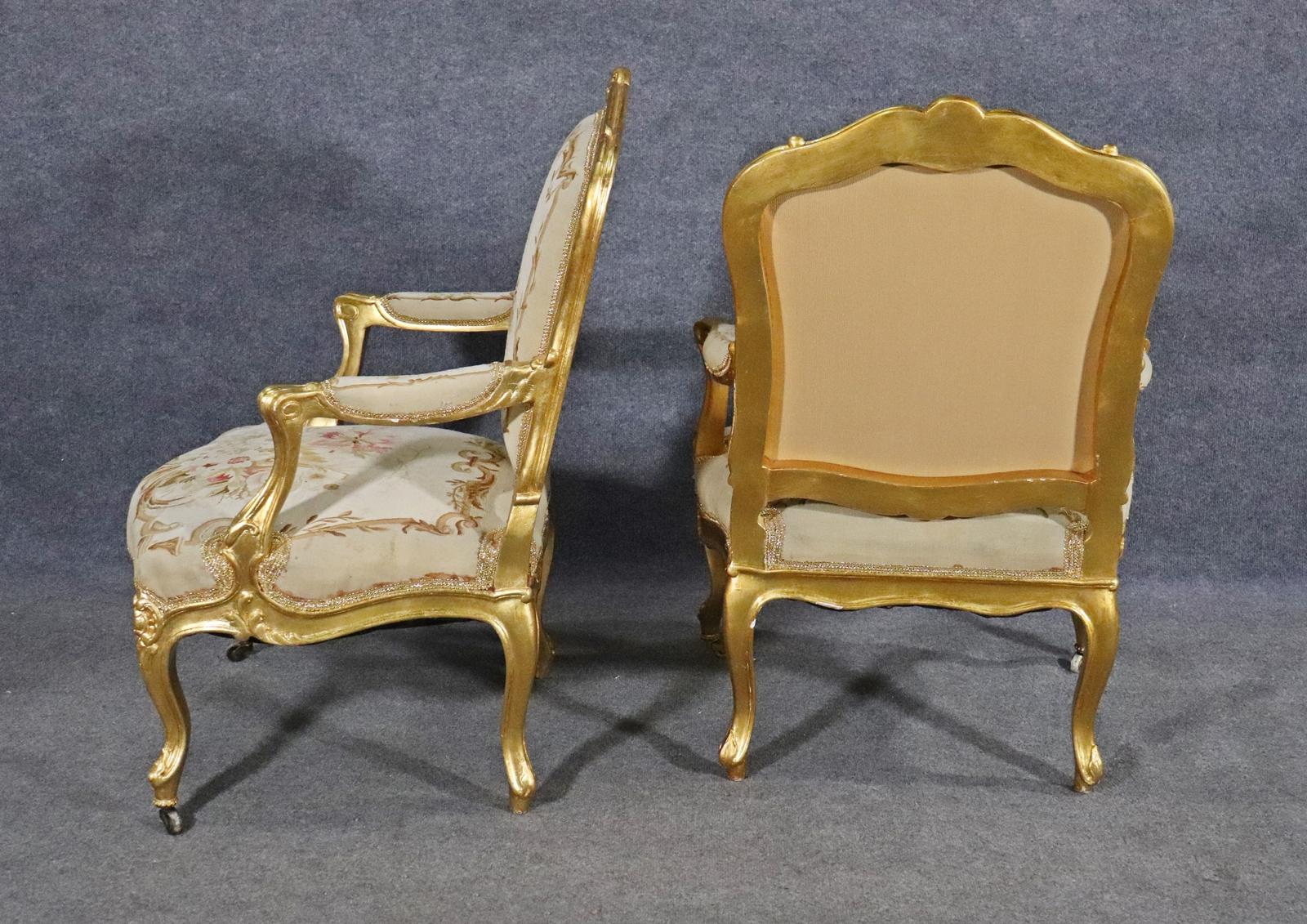 Fine Pair French Louis XV Gilded Aubusson Fauteuils Armchairs Circa 1930s 3