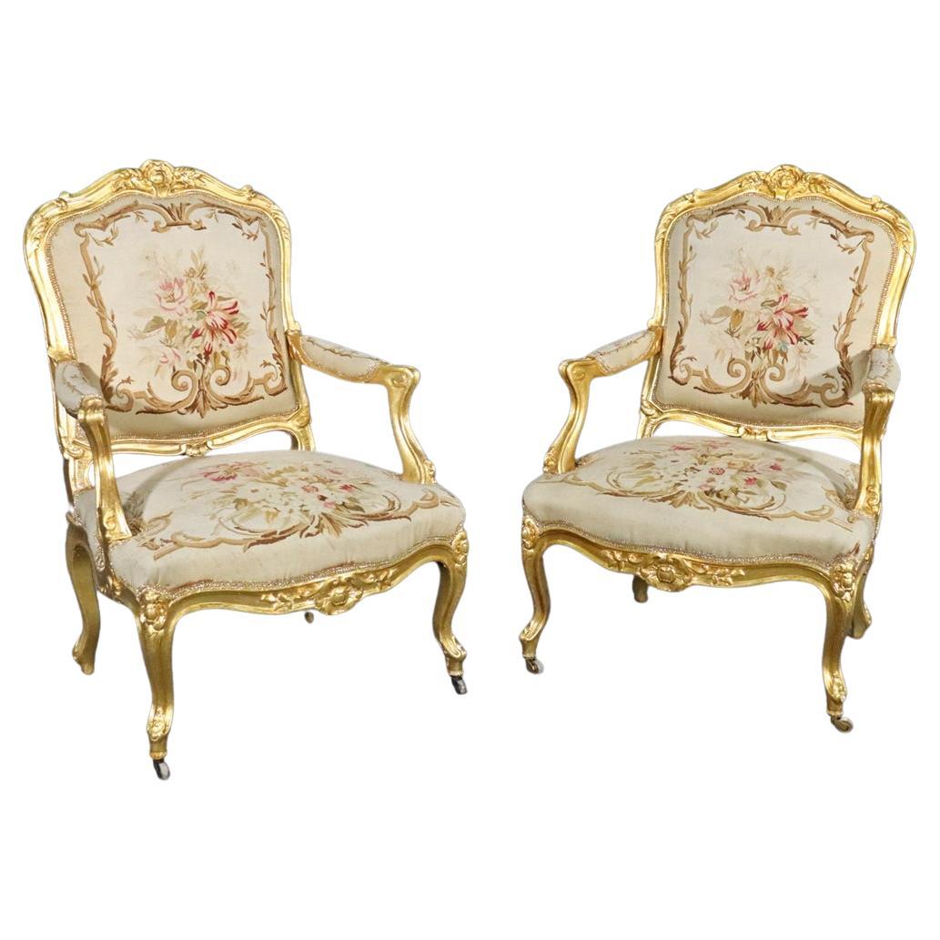 Fine Pair French Louis XV Gilded Aubusson Fauteuils Armchairs Circa 1930s