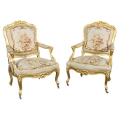 Fine Pair French Louis XV Gilded Aubusson Fauteuils Armchairs Circa 1930s
