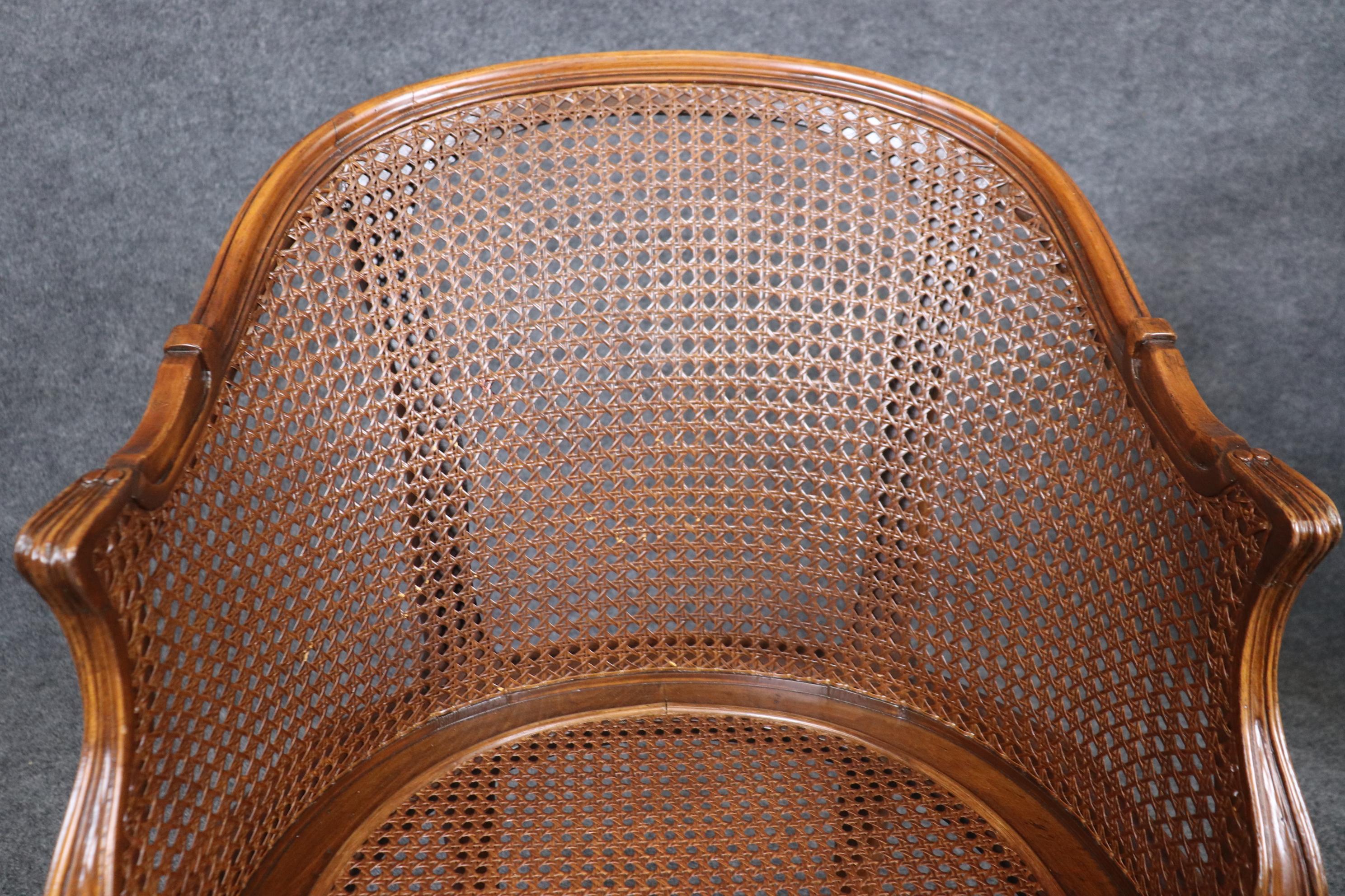 Fine Pair French Louis XV Style Cane Back Bergère Chairs in Walnut Circa 1940s 6