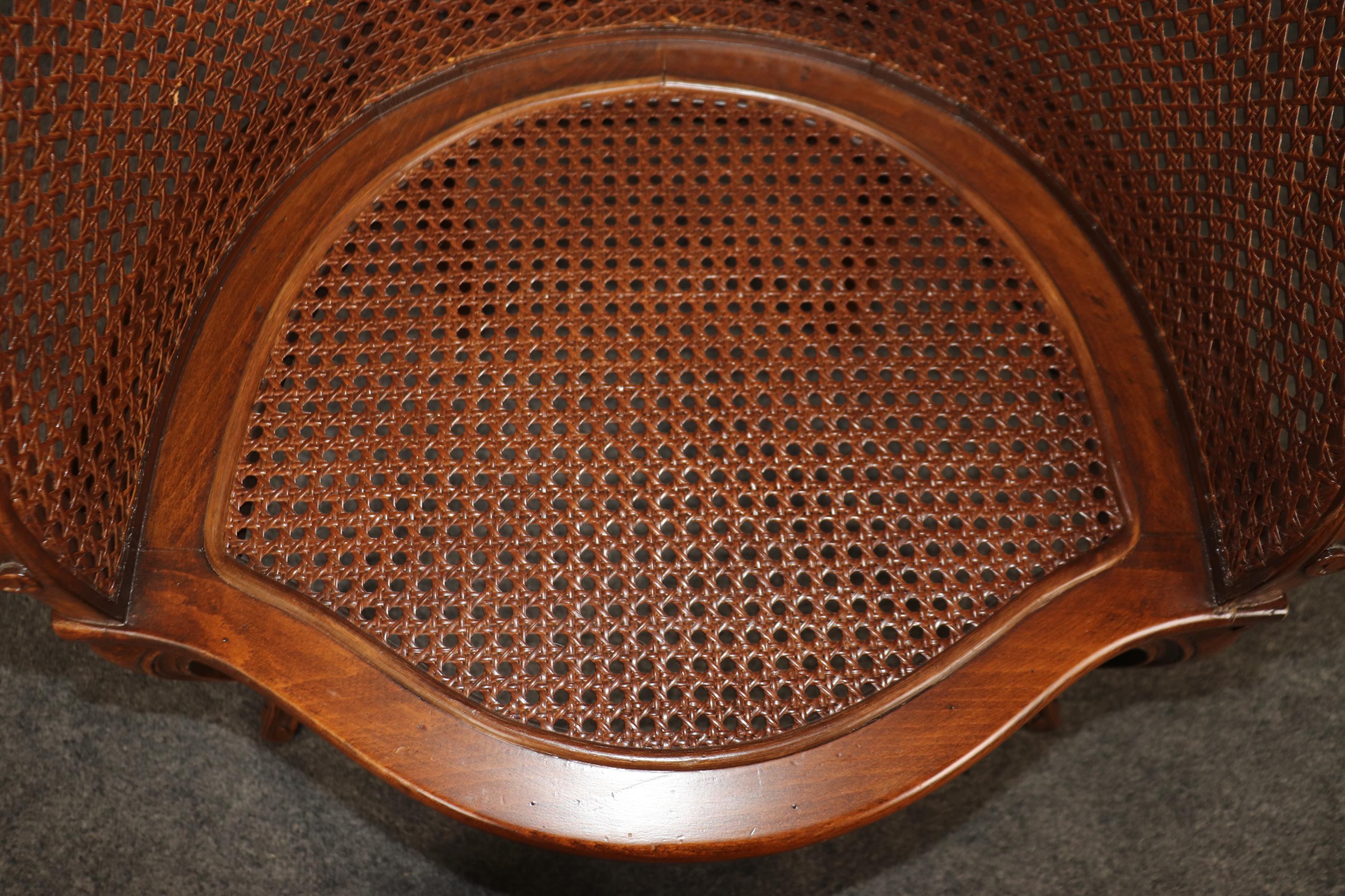 Fine Pair French Louis XV Style Cane Back Bergère Chairs in Walnut Circa 1940s 7