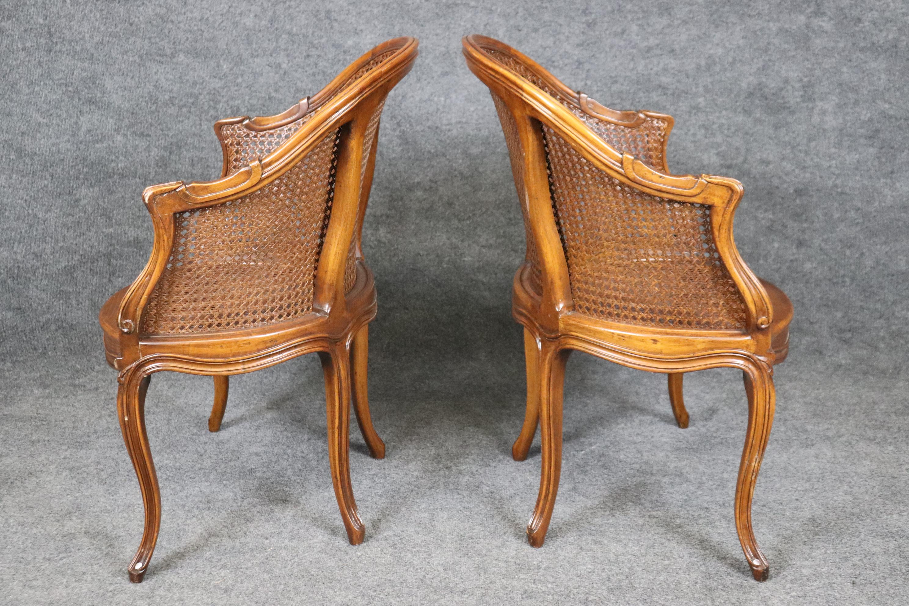 Mid-20th Century Fine Pair French Louis XV Style Cane Back Bergère Chairs in Walnut Circa 1940s