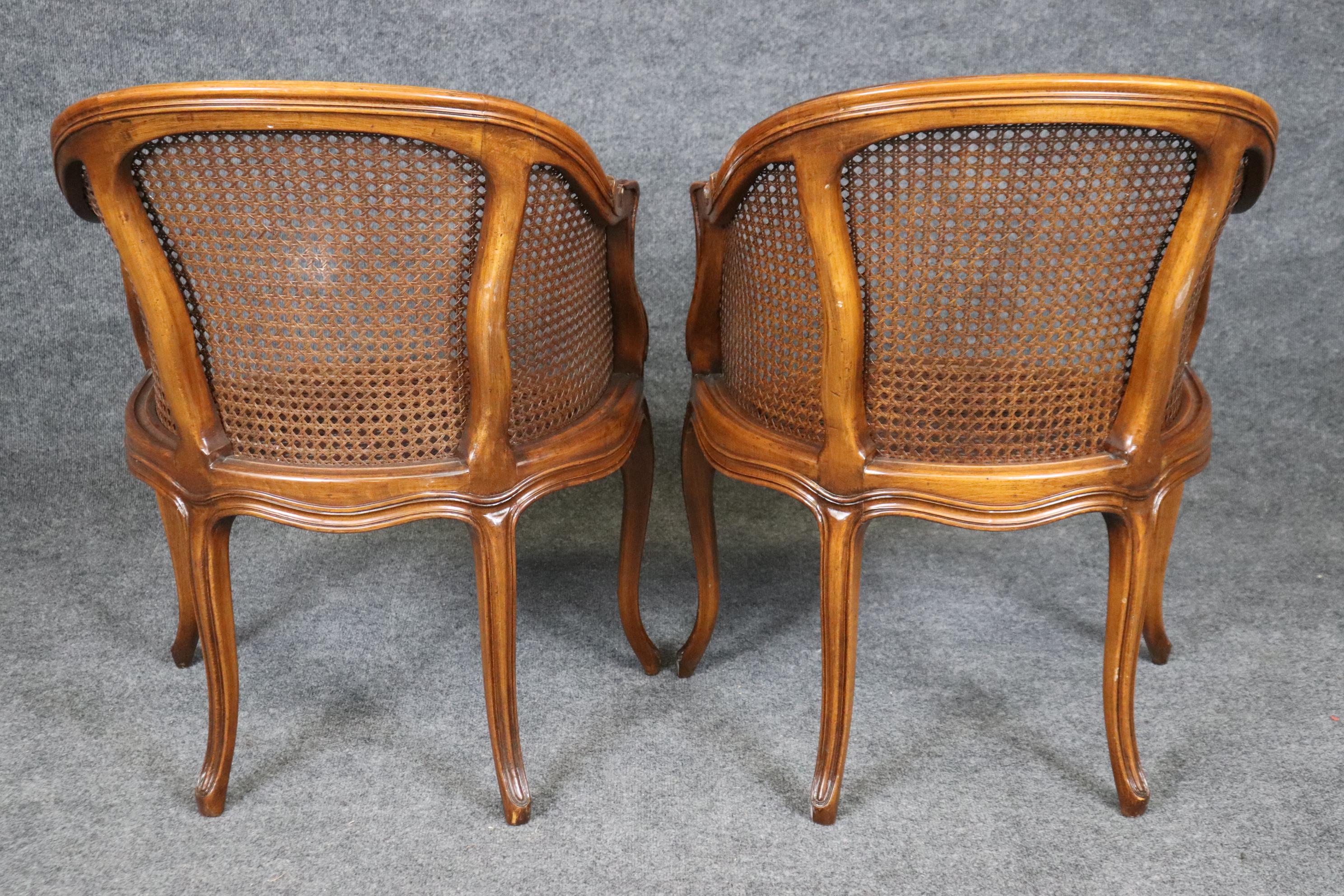 Fine Pair French Louis XV Style Cane Back Bergère Chairs in Walnut Circa 1940s 1
