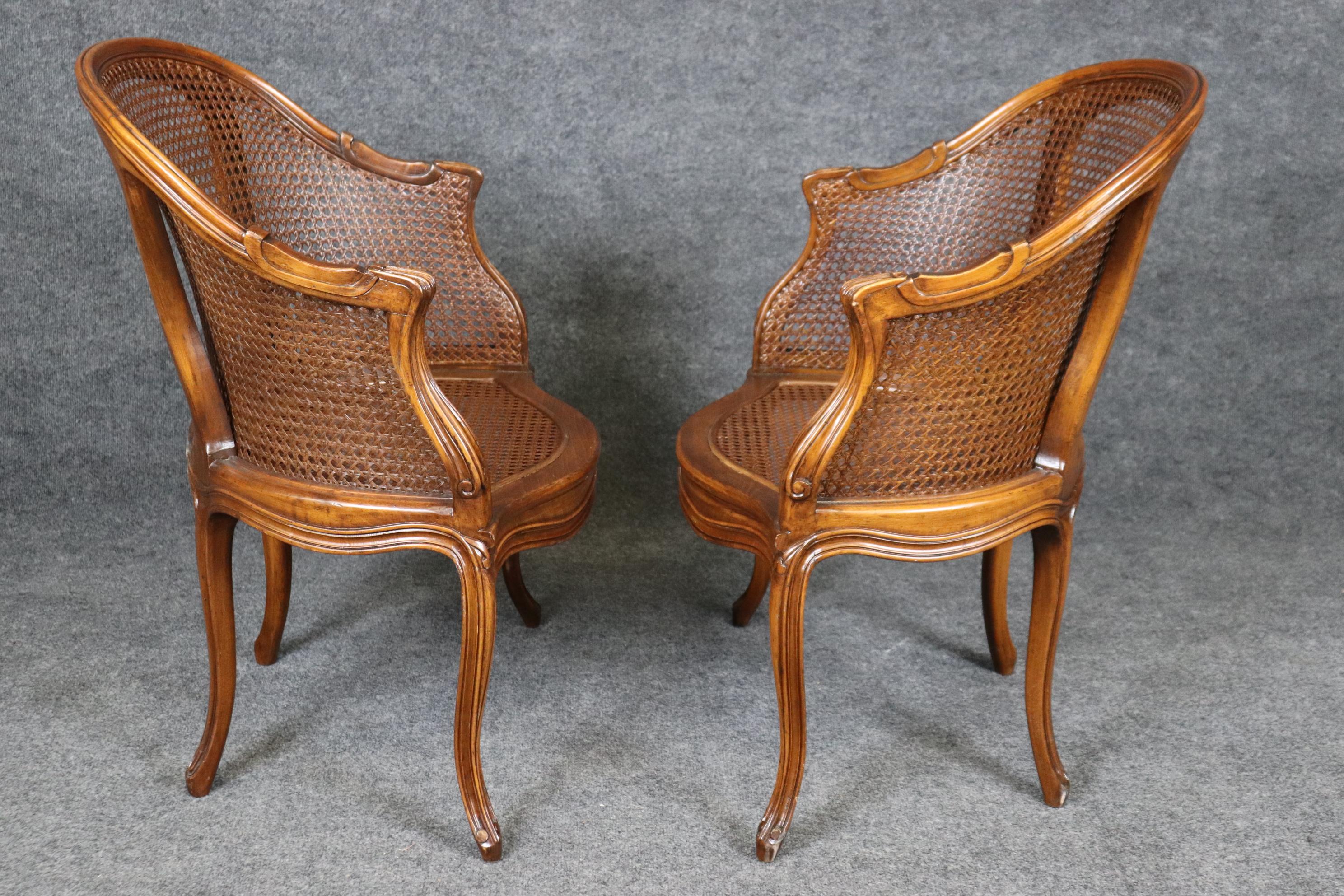 Fine Pair French Louis XV Style Cane Back Bergère Chairs in Walnut Circa 1940s 2