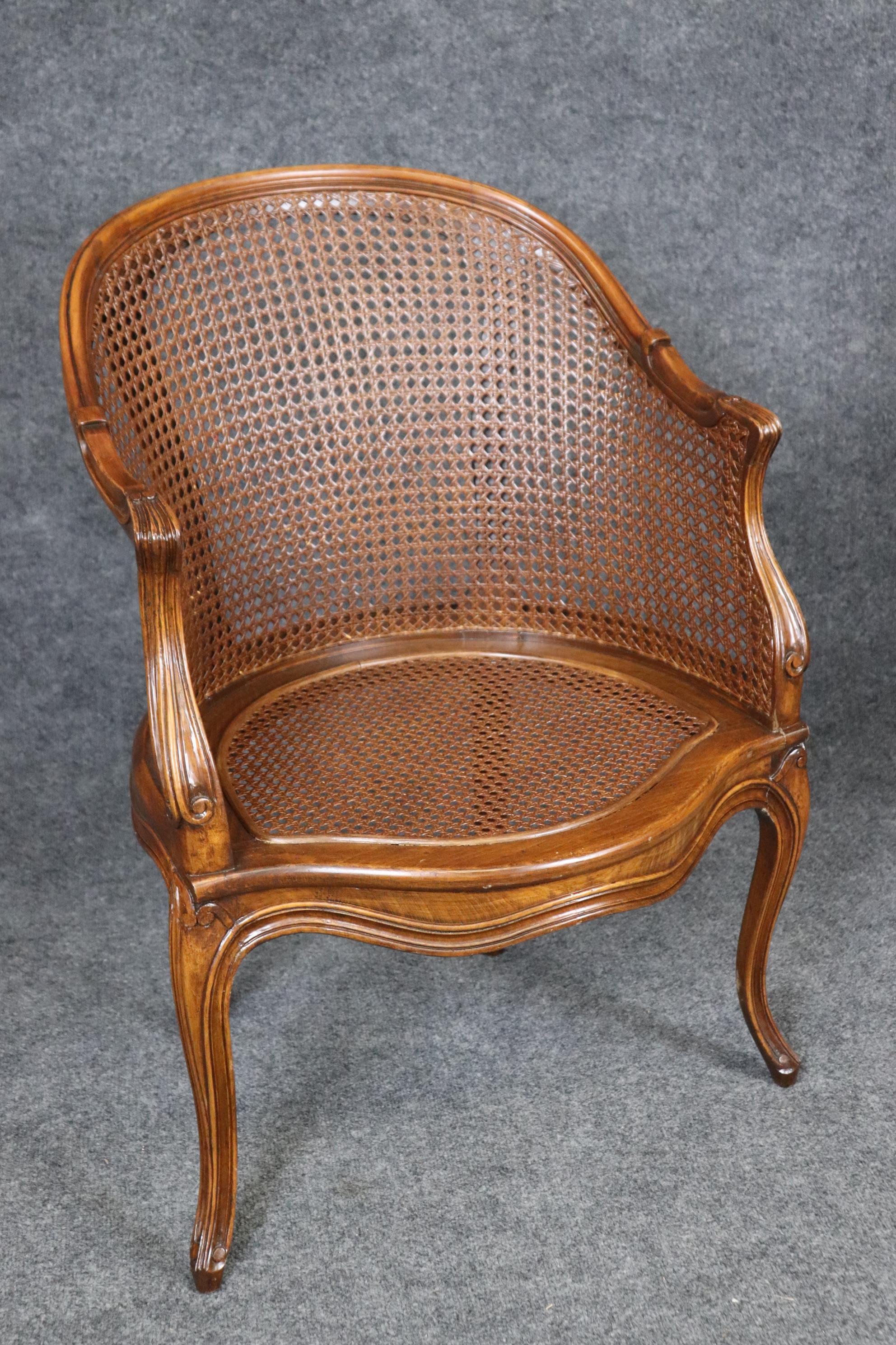 Fine Pair French Louis XV Style Cane Back Bergère Chairs in Walnut Circa 1940s 3