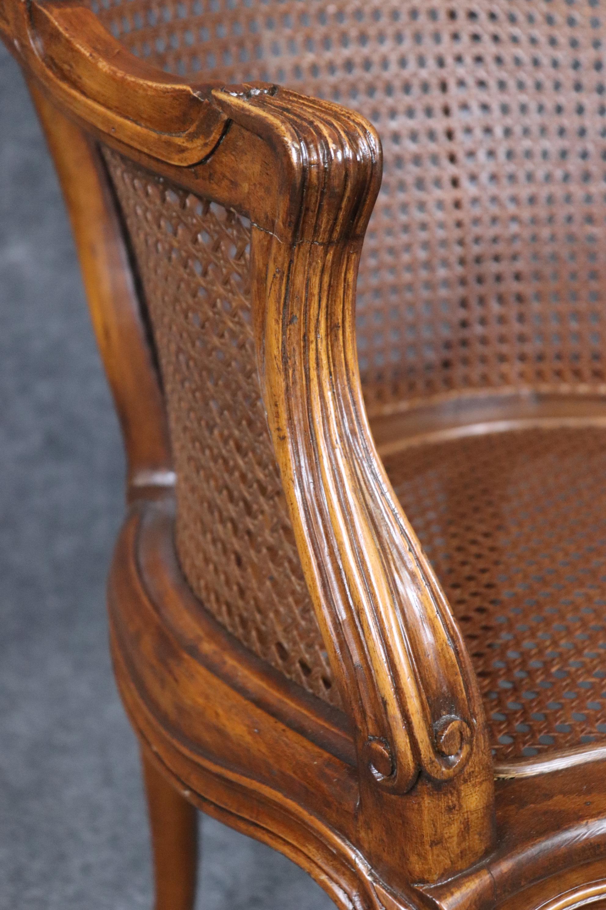 Fine Pair French Louis XV Style Cane Back Bergère Chairs in Walnut Circa 1940s 5