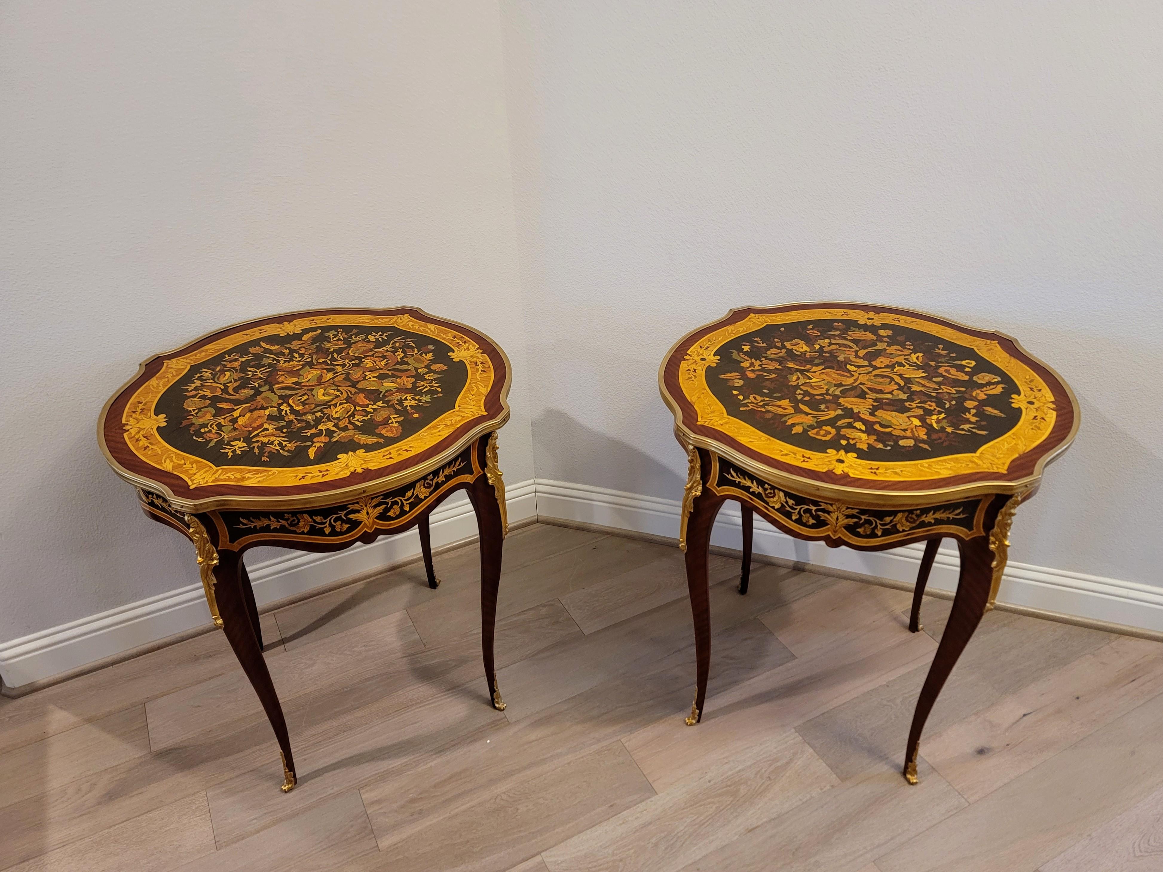 Fine Pair French Louis XV Style Gilt Bronze Mounted Floral Marquetry Side Tables For Sale 6