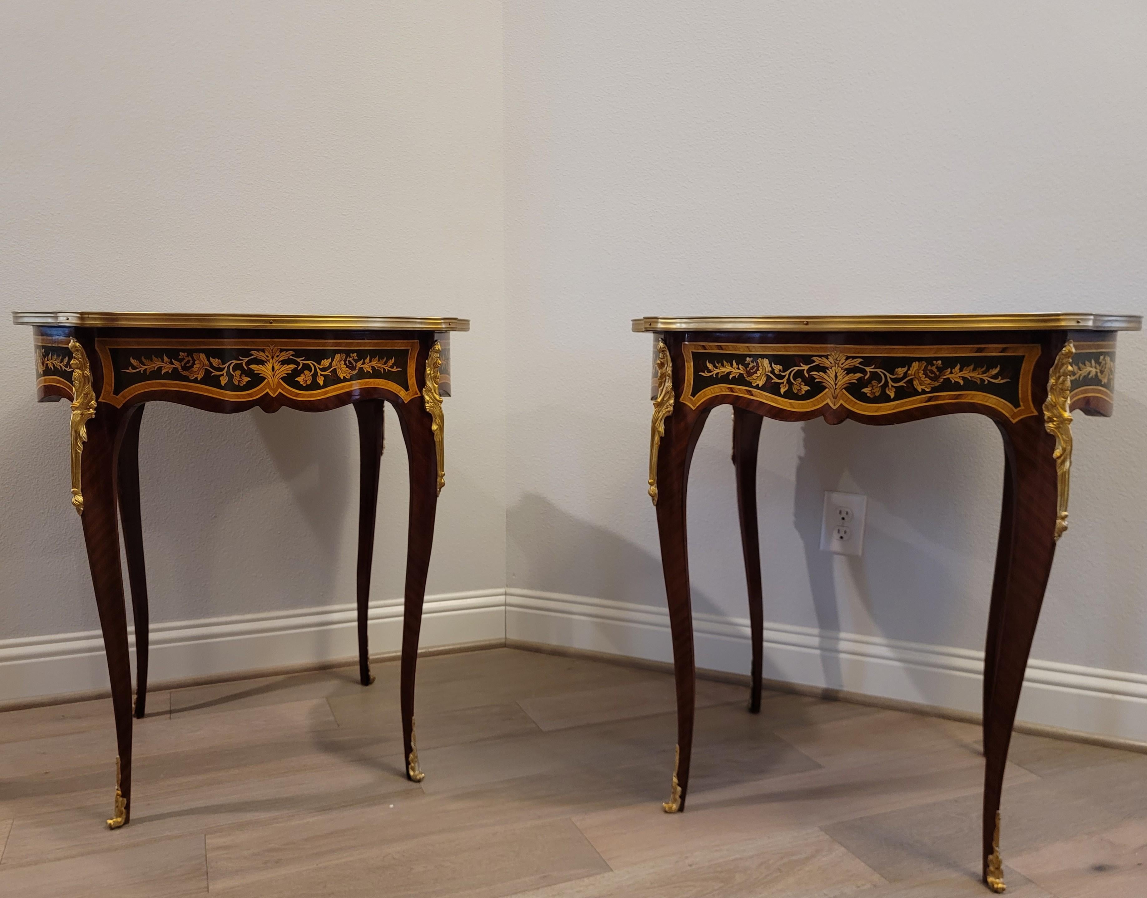 Fine Pair French Louis XV Style Gilt Bronze Mounted Floral Marquetry Side Tables For Sale 7