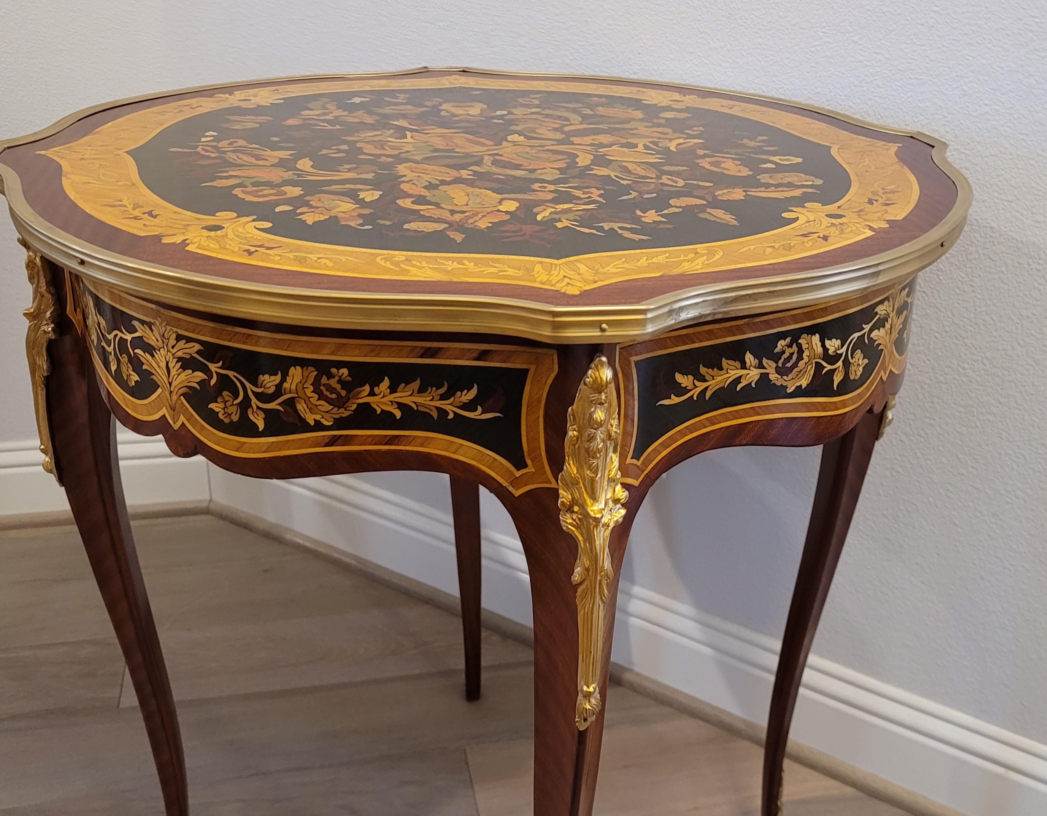 Fine Pair French Louis XV Style Gilt Bronze Mounted Floral Marquetry Side Tables For Sale 8