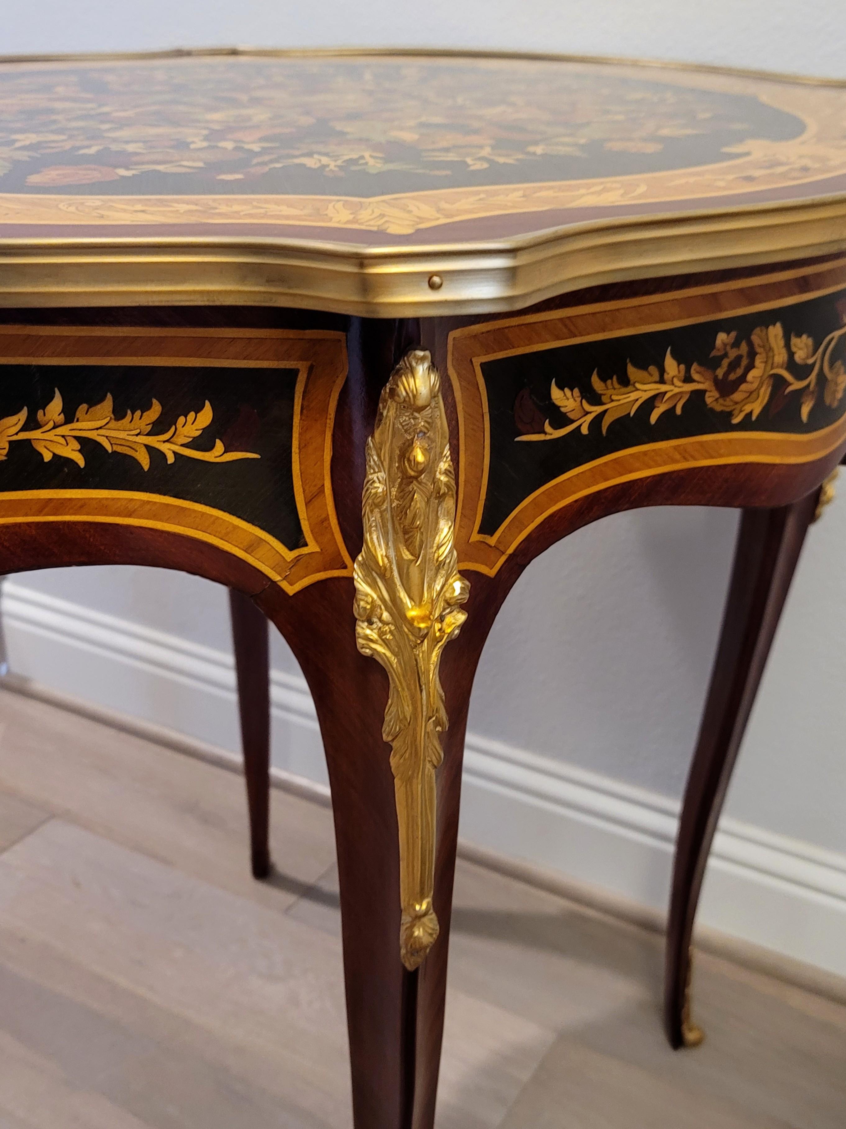 Fine Pair French Louis XV Style Gilt Bronze Mounted Floral Marquetry Side Tables For Sale 9