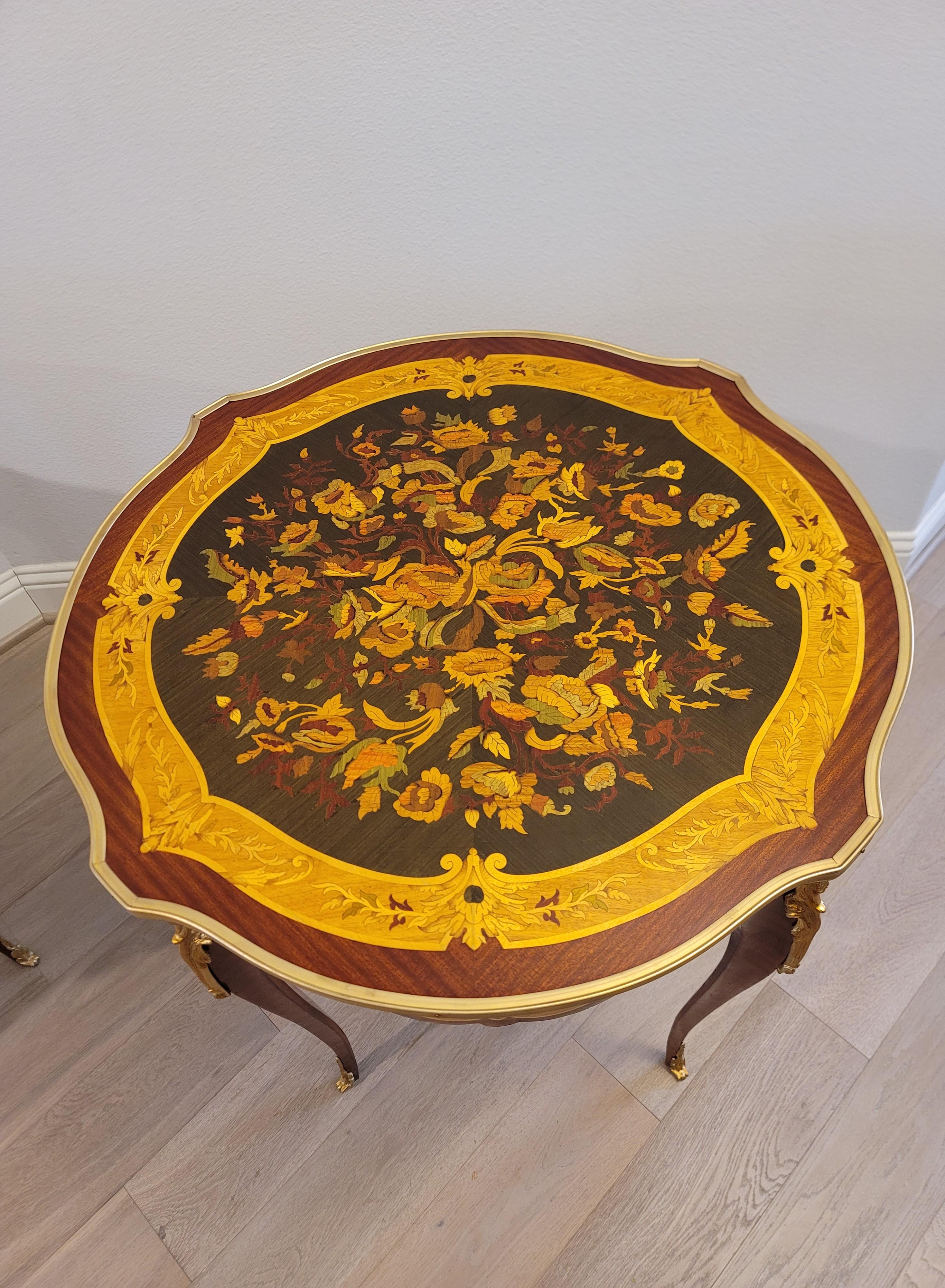 Fine Pair French Louis XV Style Gilt Bronze Mounted Floral Marquetry Side Tables For Sale 10