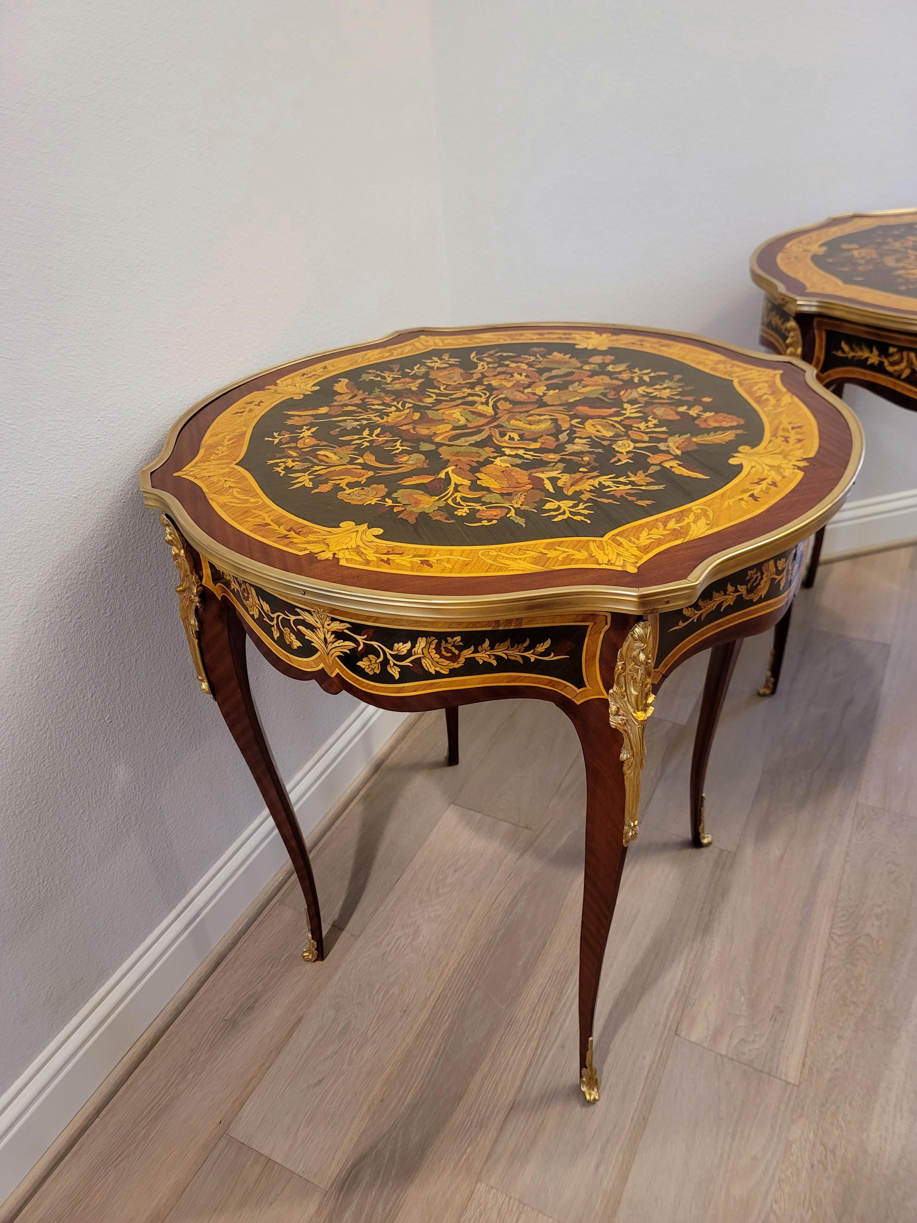 Fine Pair French Louis XV Style Gilt Bronze Mounted Floral Marquetry Side Tables For Sale 11