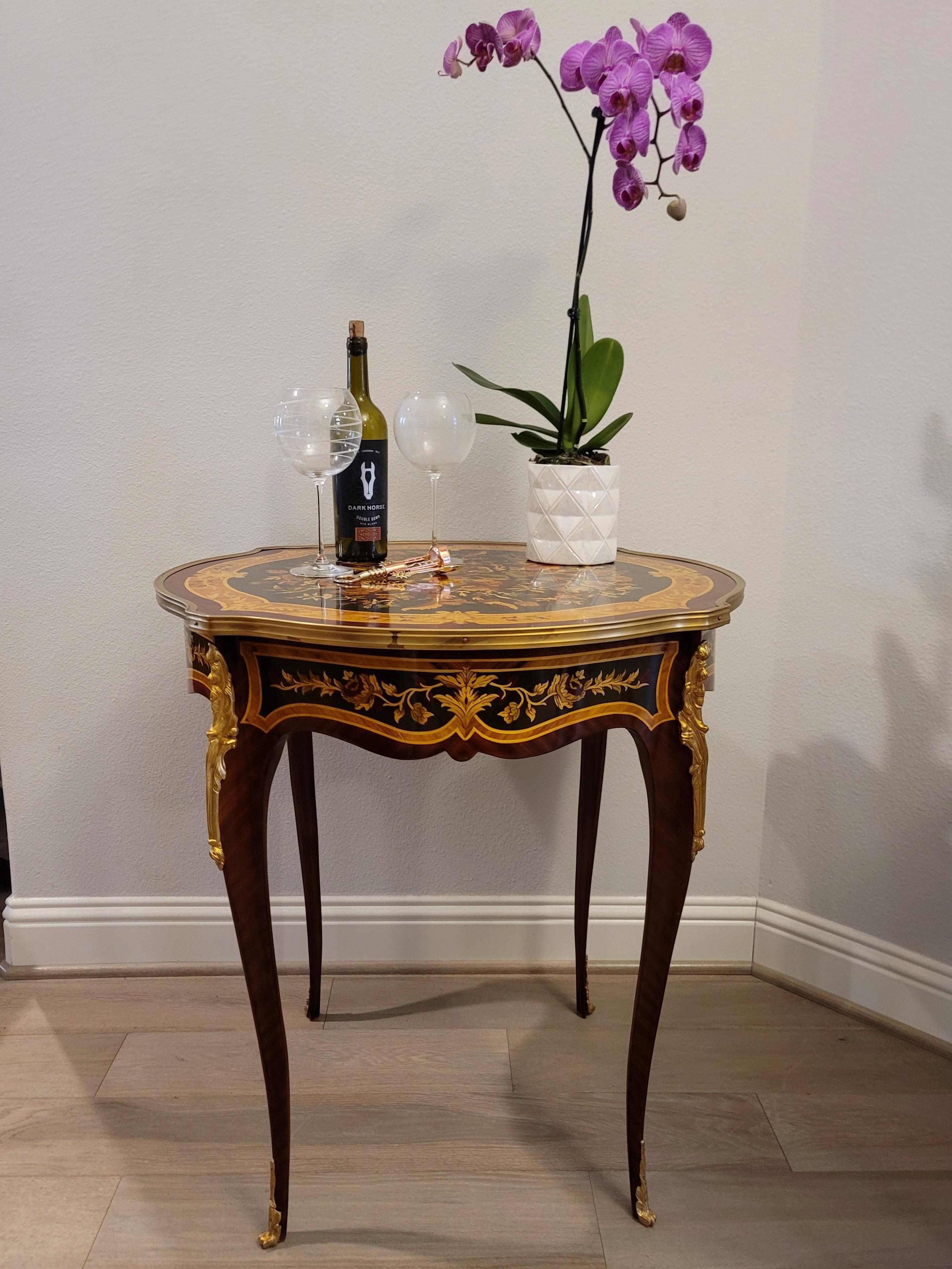 Fine Pair French Louis XV Style Gilt Bronze Mounted Floral Marquetry Side Tables For Sale 14