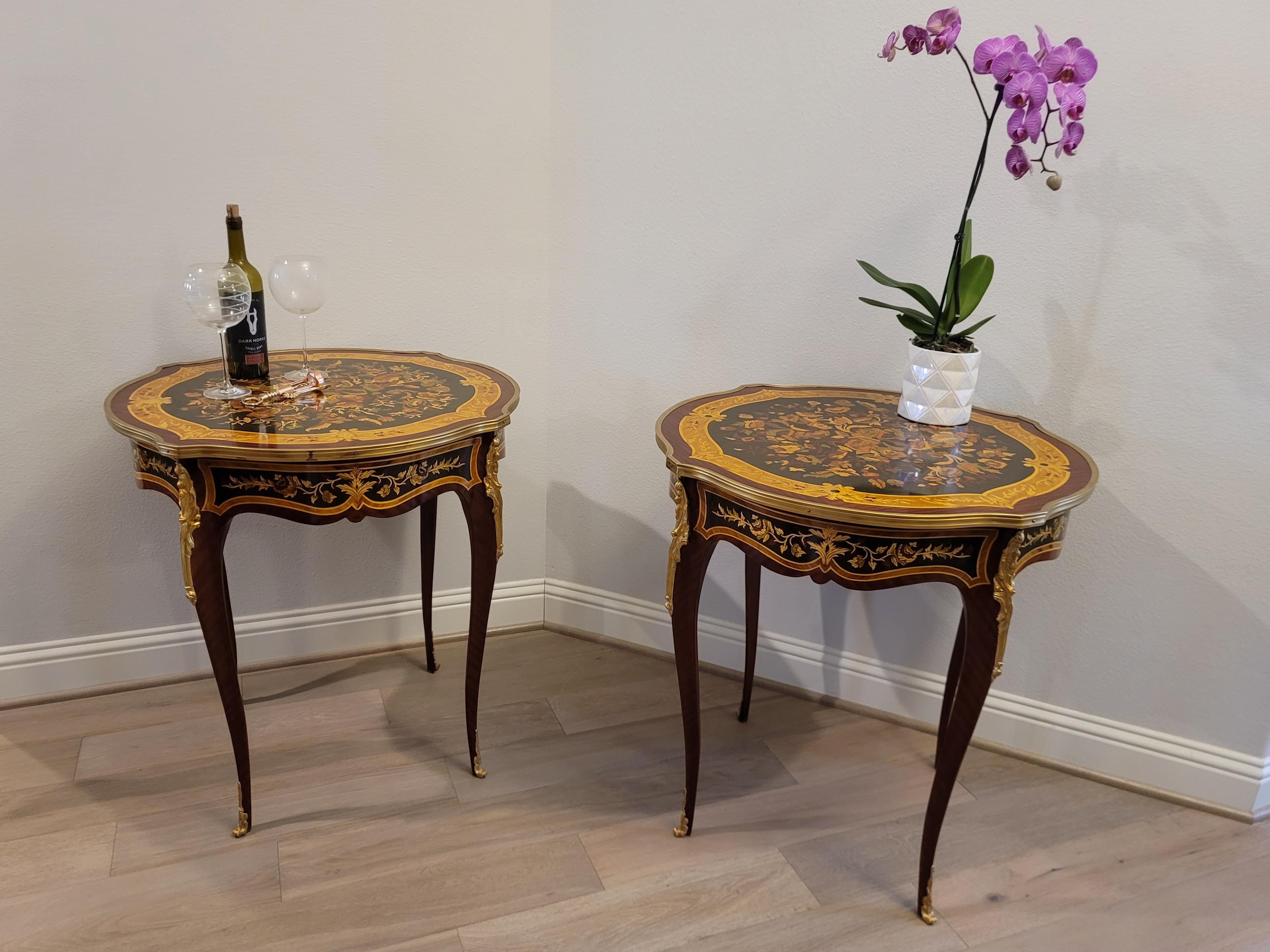 Fine Pair French Louis XV Style Gilt Bronze Mounted Floral Marquetry Side Tables For Sale 16