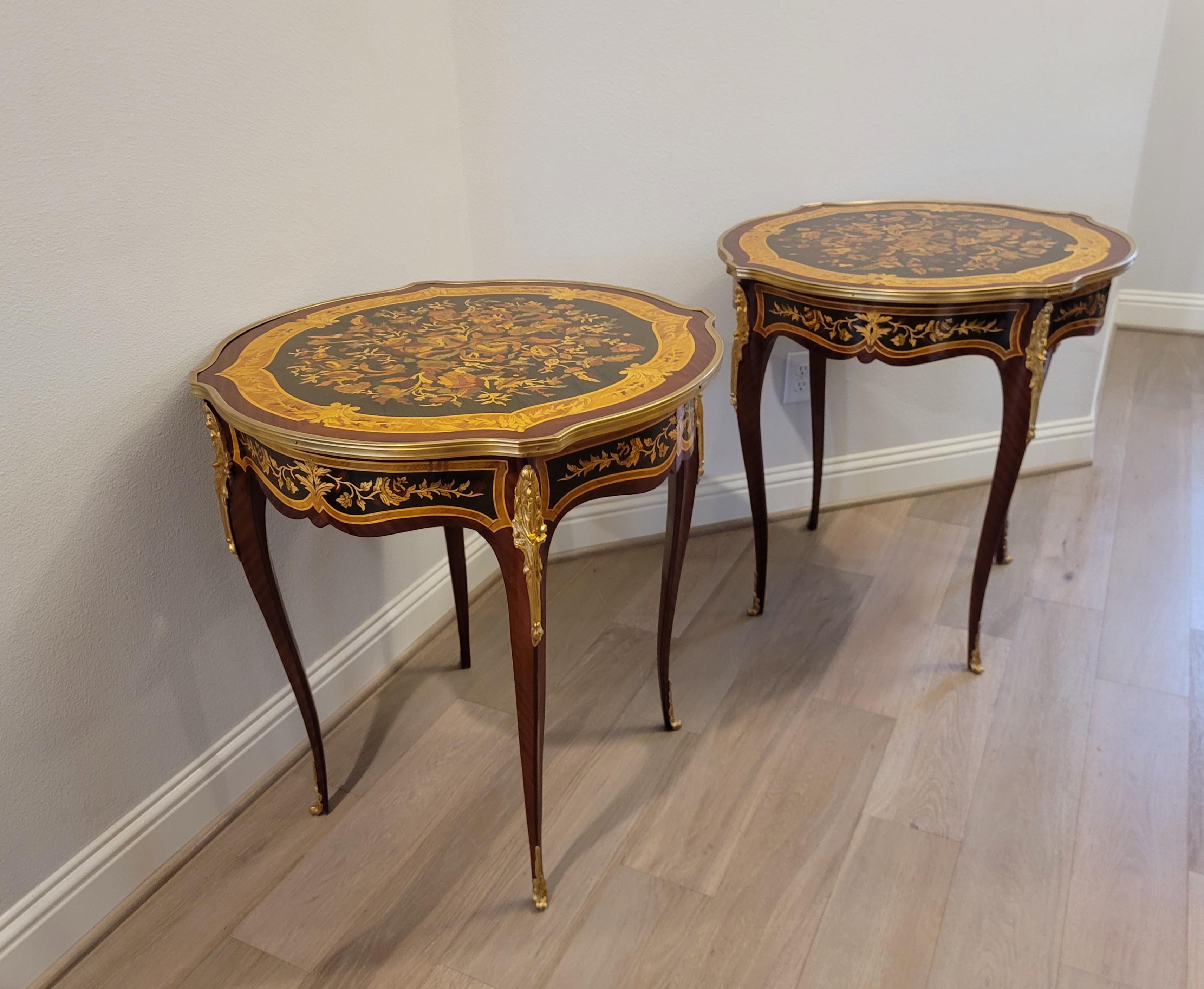 20th Century Fine Pair French Louis XV Style Gilt Bronze Mounted Floral Marquetry Side Tables For Sale