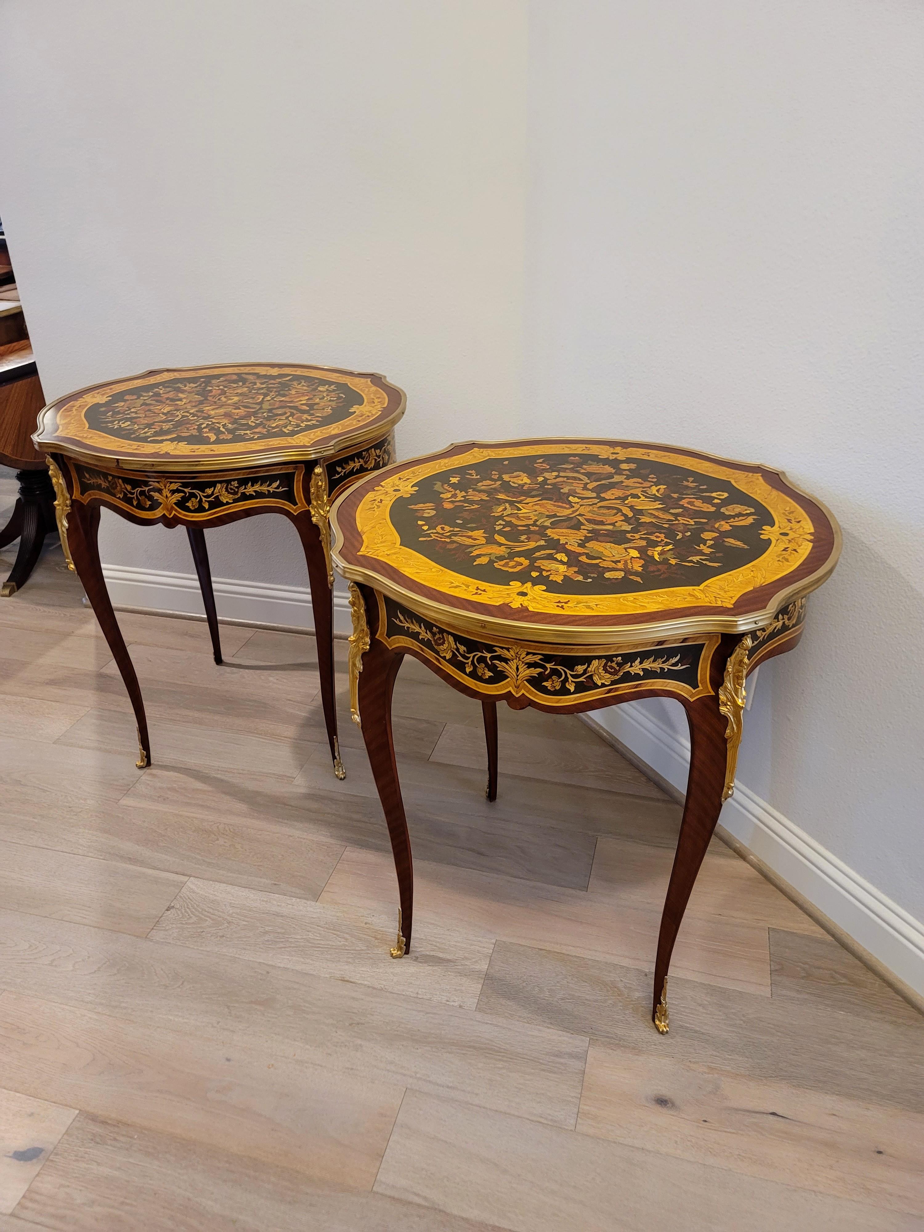 Fine Pair French Louis XV Style Gilt Bronze Mounted Floral Marquetry Side Tables For Sale 1