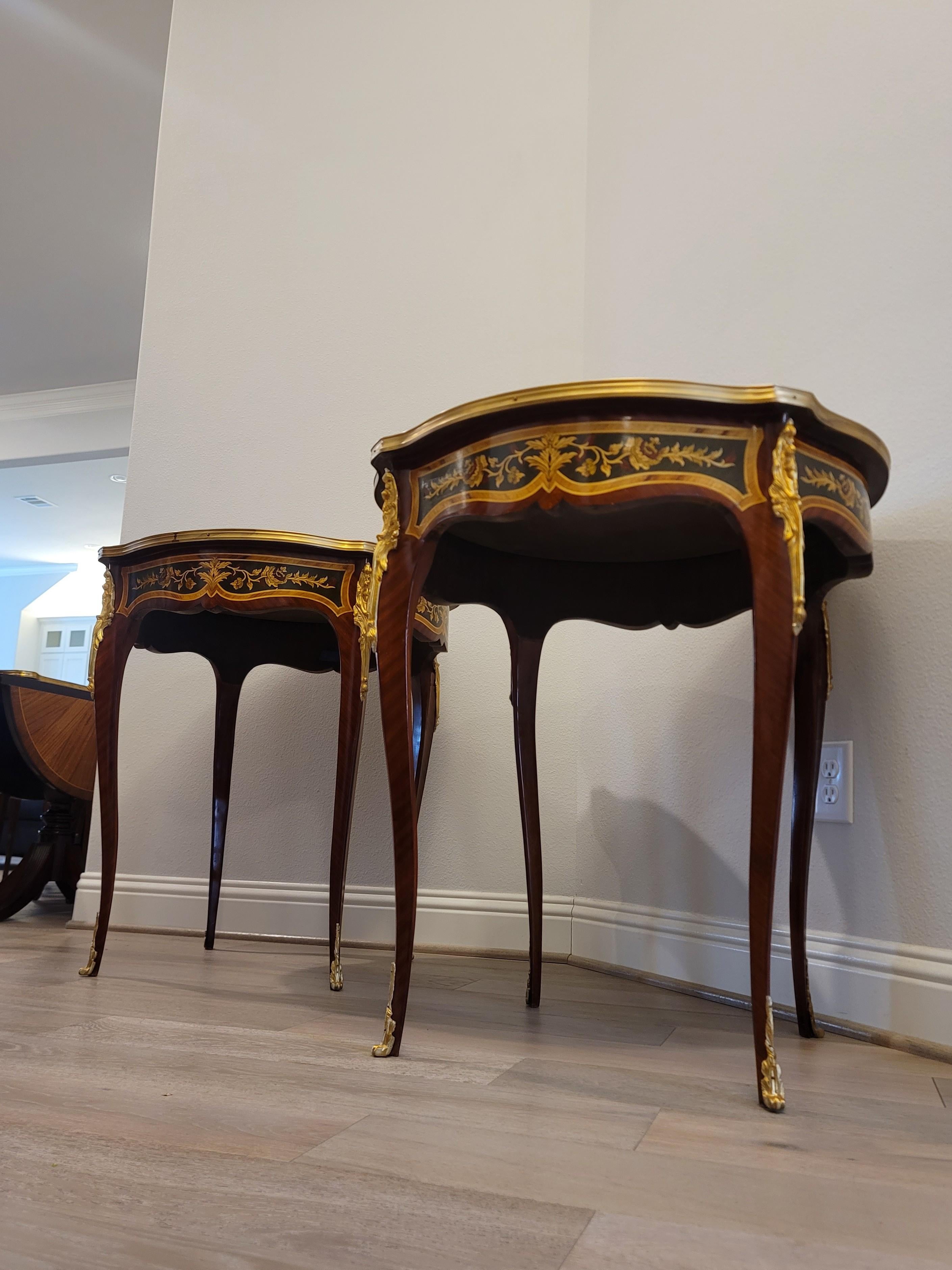 Fine Pair French Louis XV Style Gilt Bronze Mounted Floral Marquetry Side Tables For Sale 2