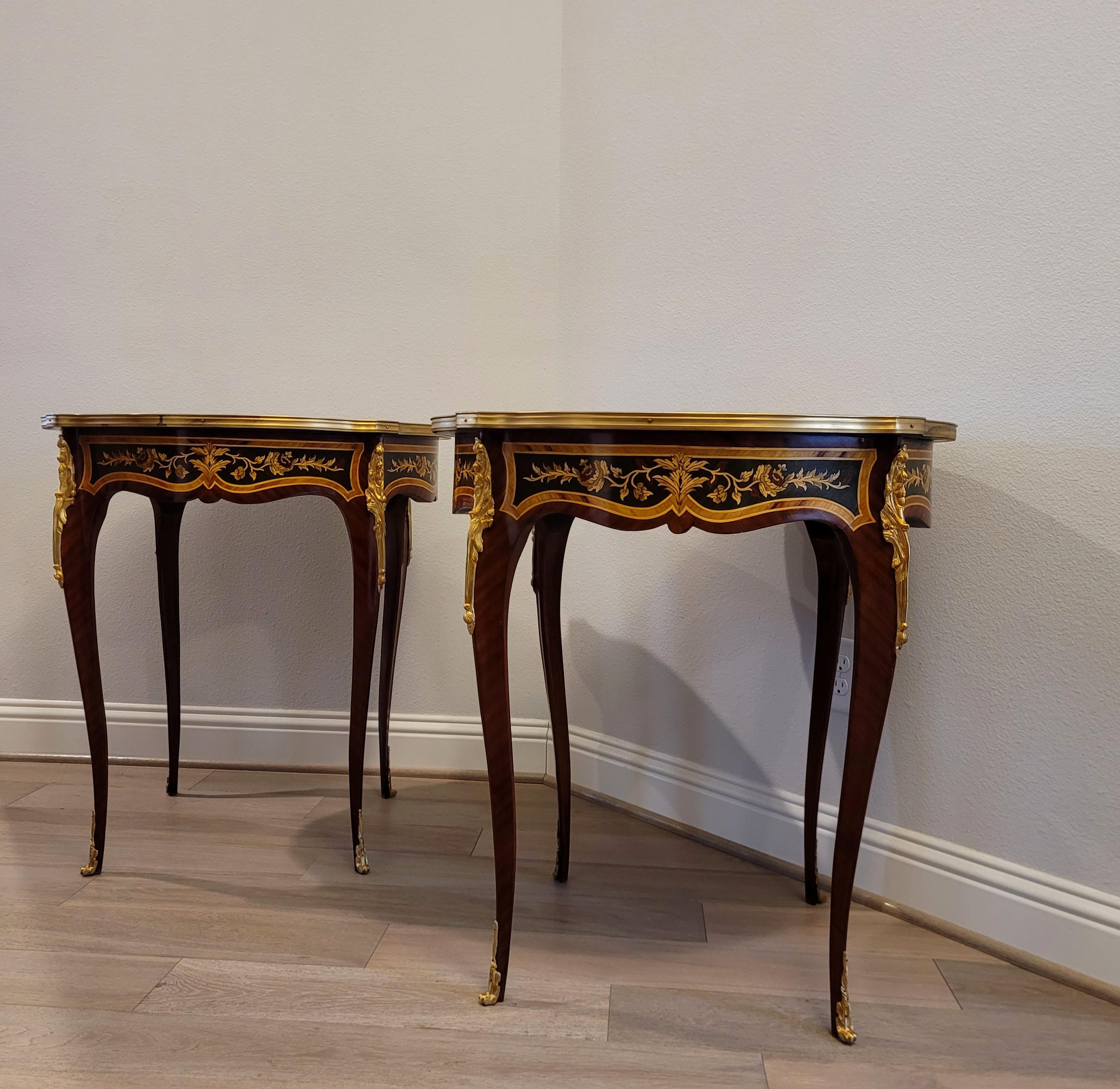 Fine Pair French Louis XV Style Gilt Bronze Mounted Floral Marquetry Side Tables For Sale 3