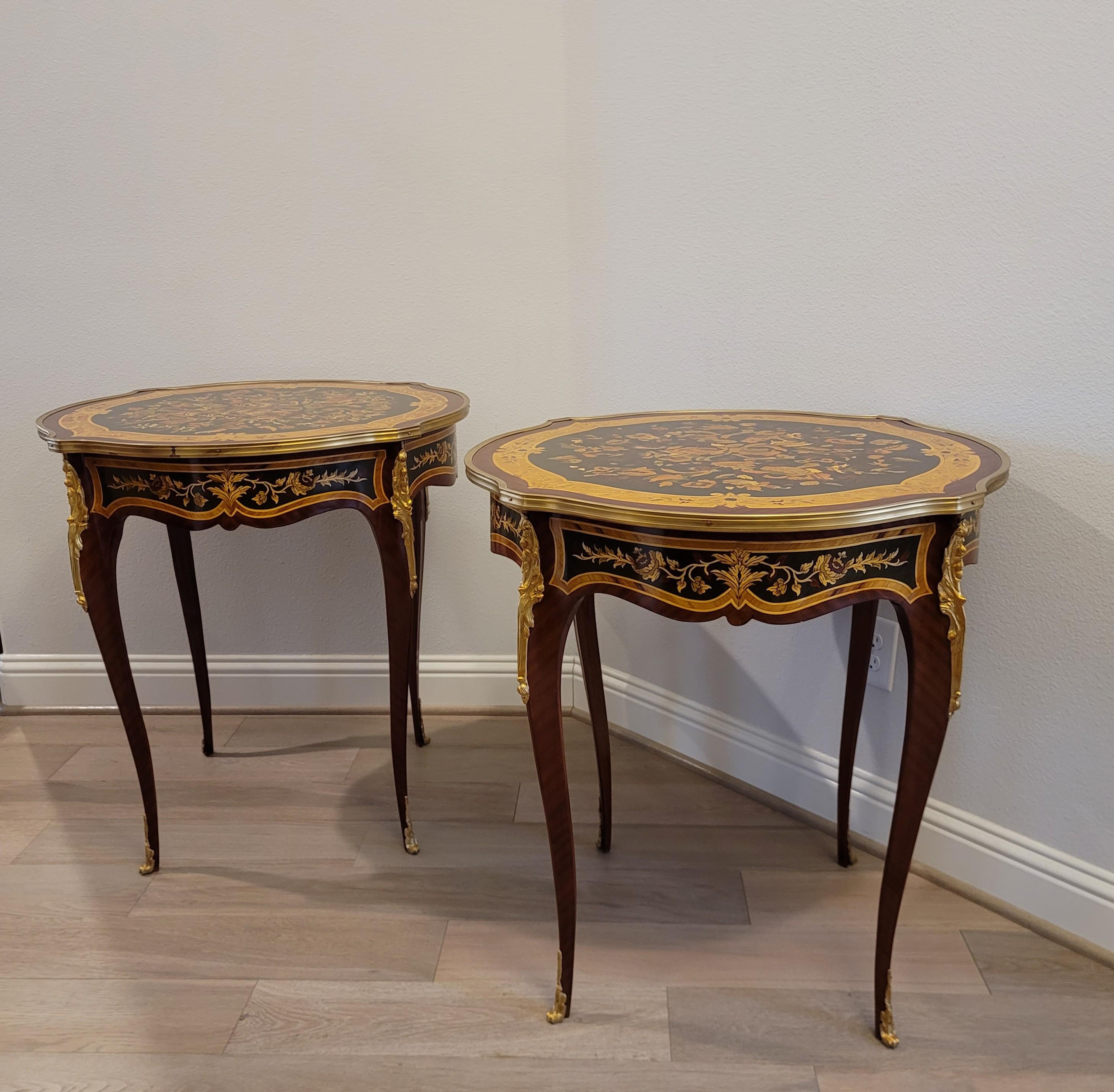 Fine Pair French Louis XV Style Gilt Bronze Mounted Floral Marquetry Side Tables For Sale 4