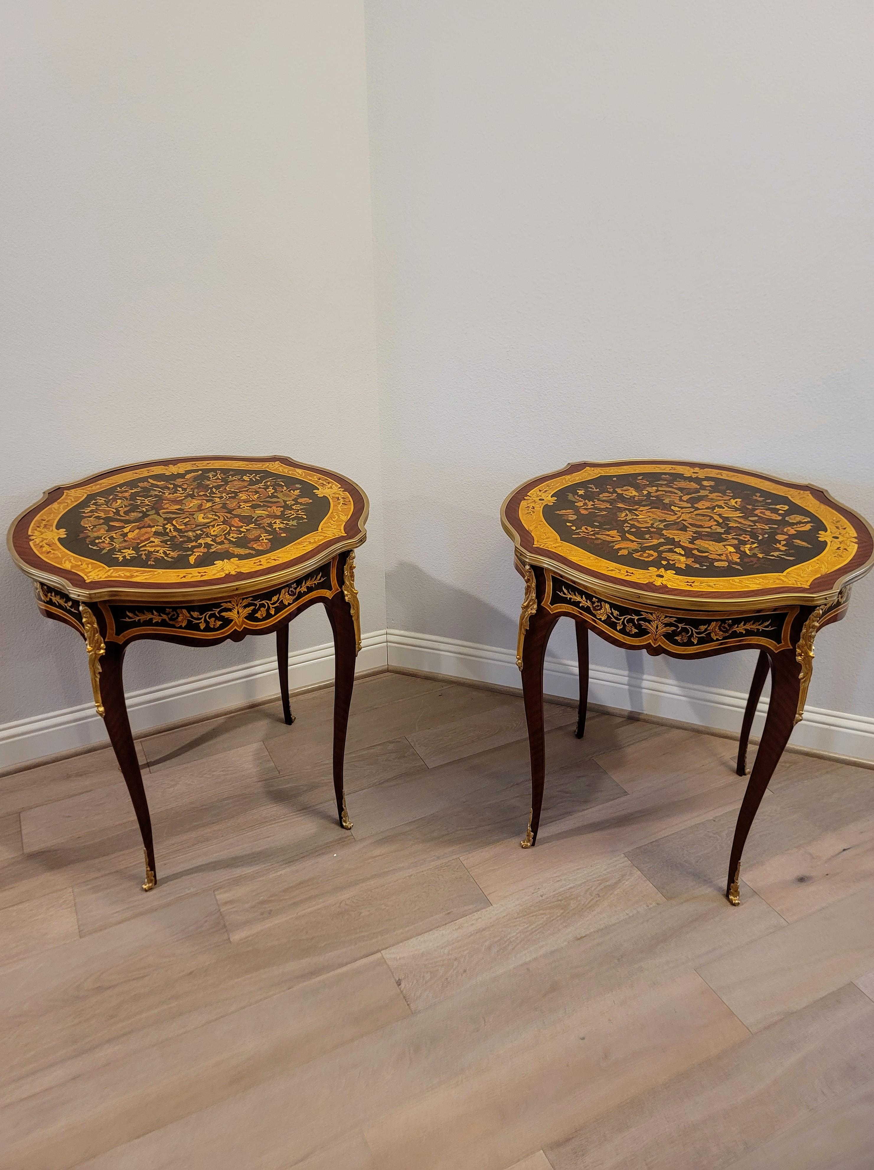 Fine Pair French Louis XV Style Gilt Bronze Mounted Floral Marquetry Side Tables For Sale 5