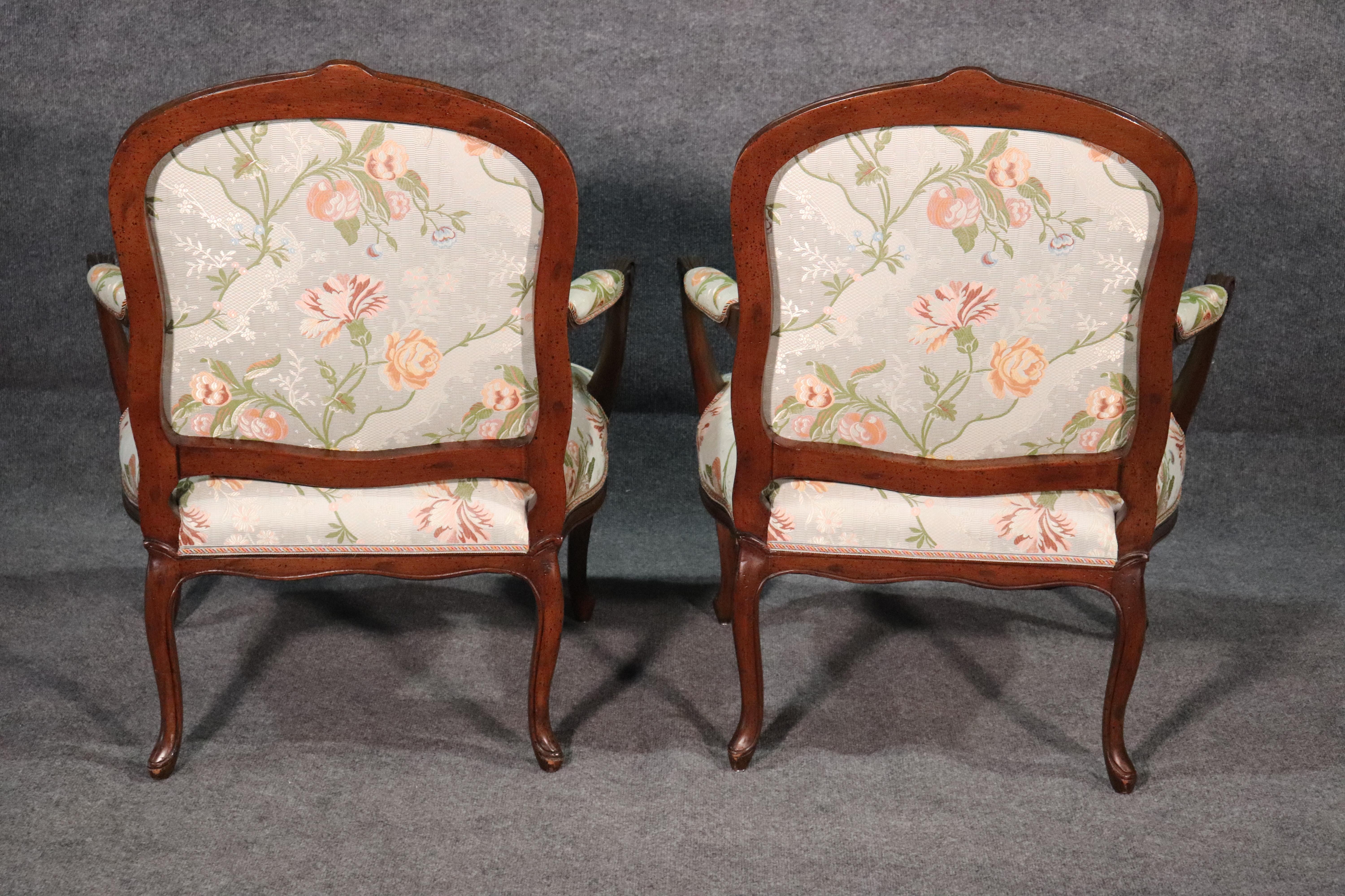 Fine Pair of French Louis XV Walnut Upholstered Open Bergère Open Armchairs For Sale 6