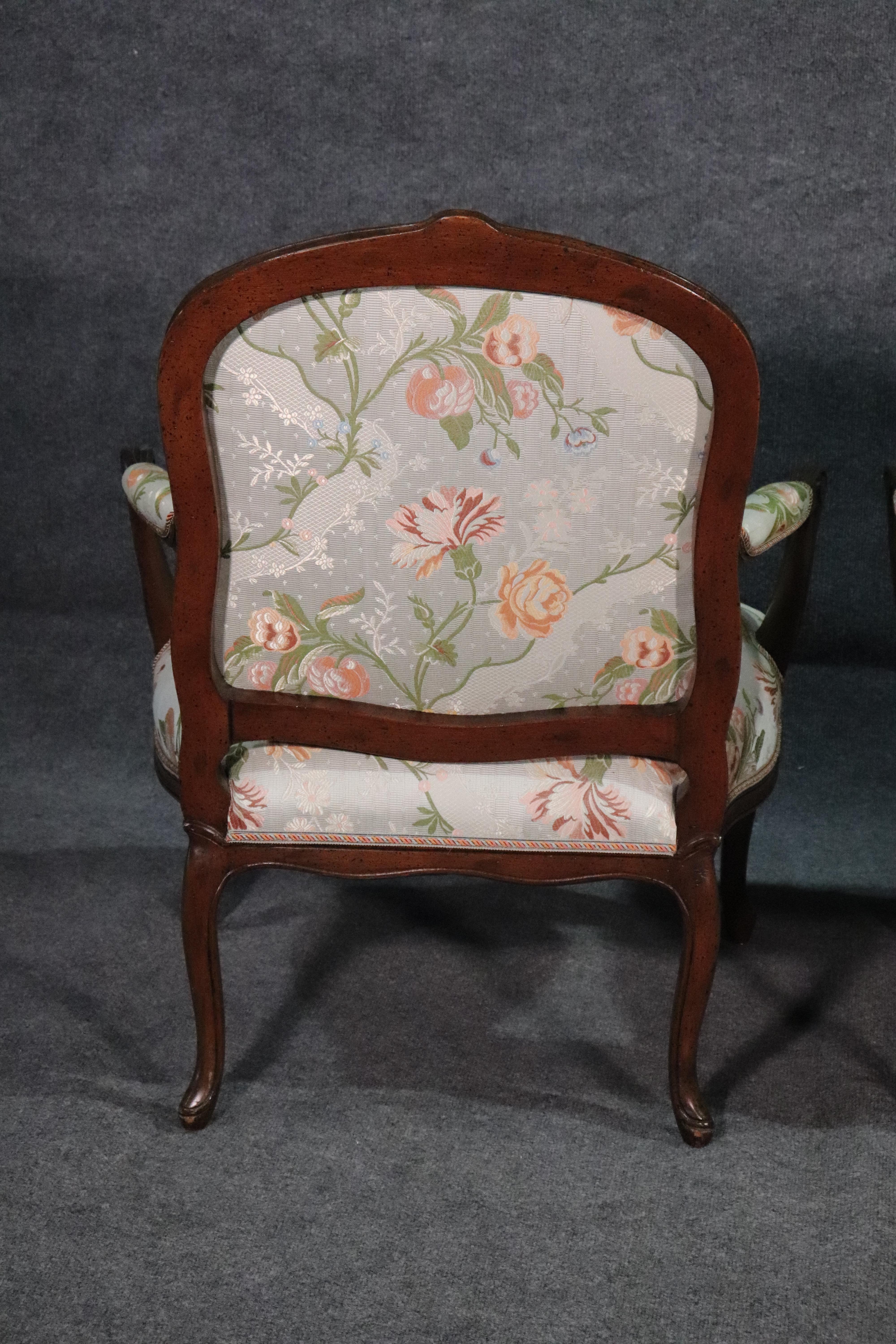 Fine Pair of French Louis XV Walnut Upholstered Open Bergère Open Armchairs For Sale 7