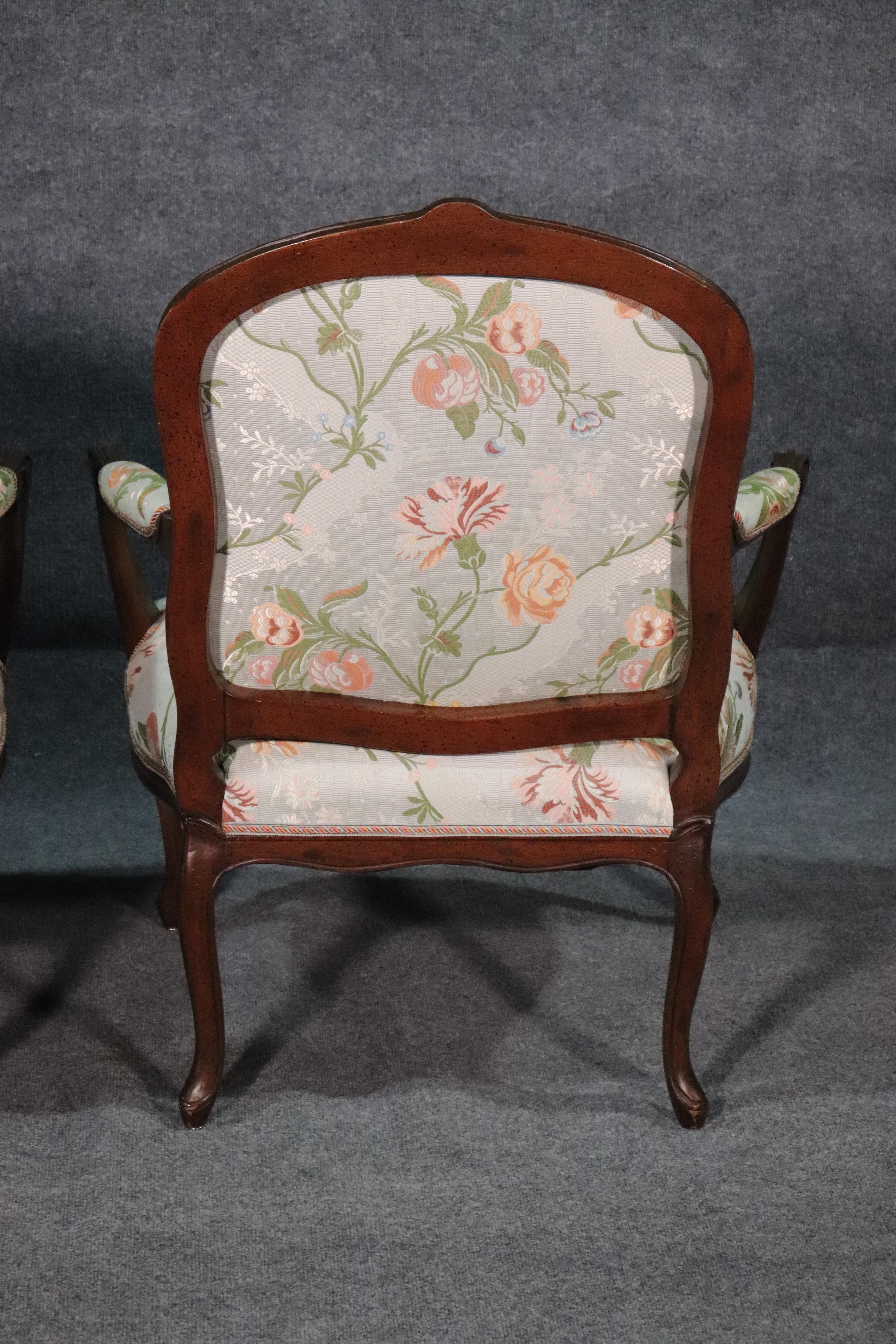 Fine Pair of French Louis XV Walnut Upholstered Open Bergère Open Armchairs For Sale 8
