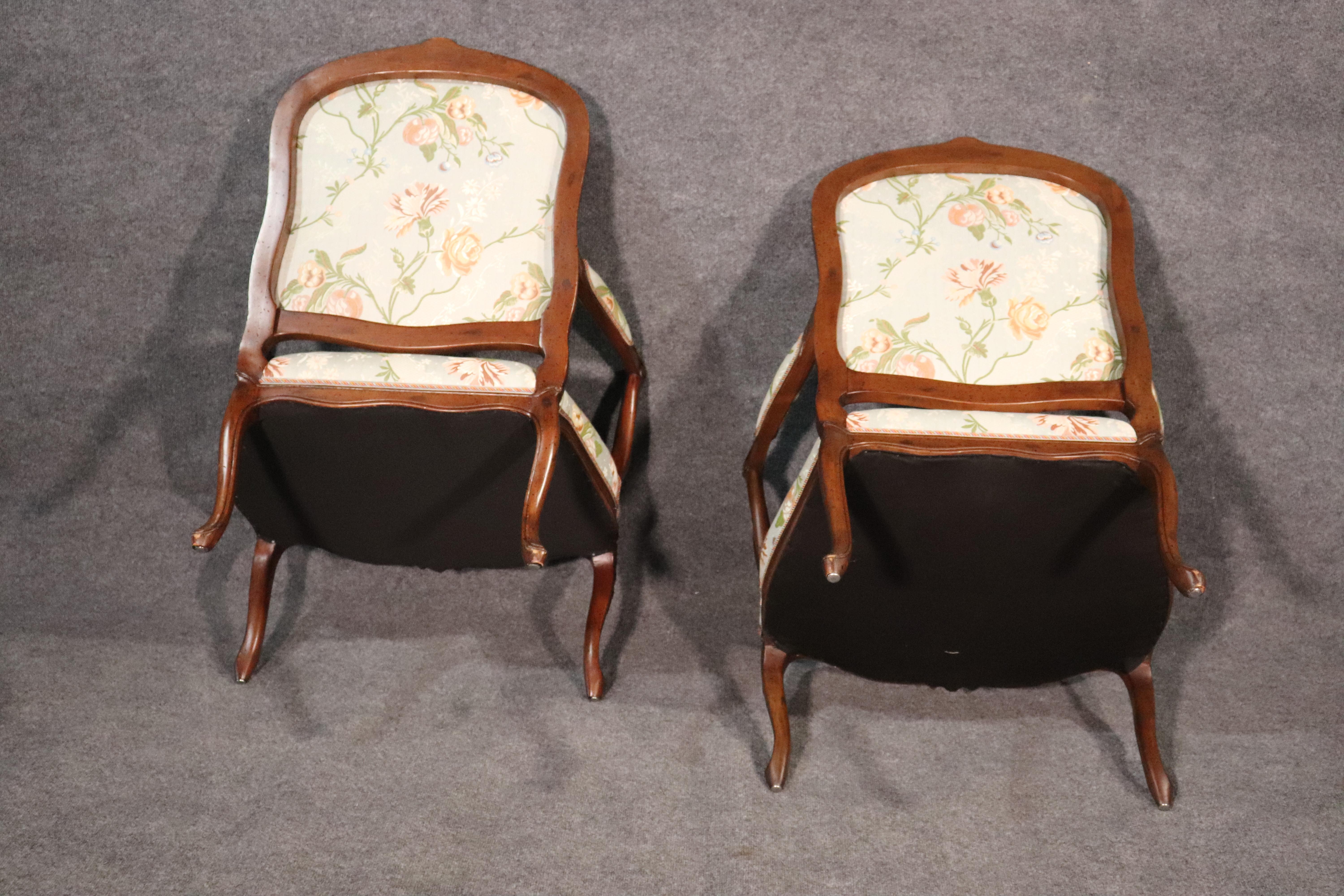 Fine Pair of French Louis XV Walnut Upholstered Open Bergère Open Armchairs For Sale 10