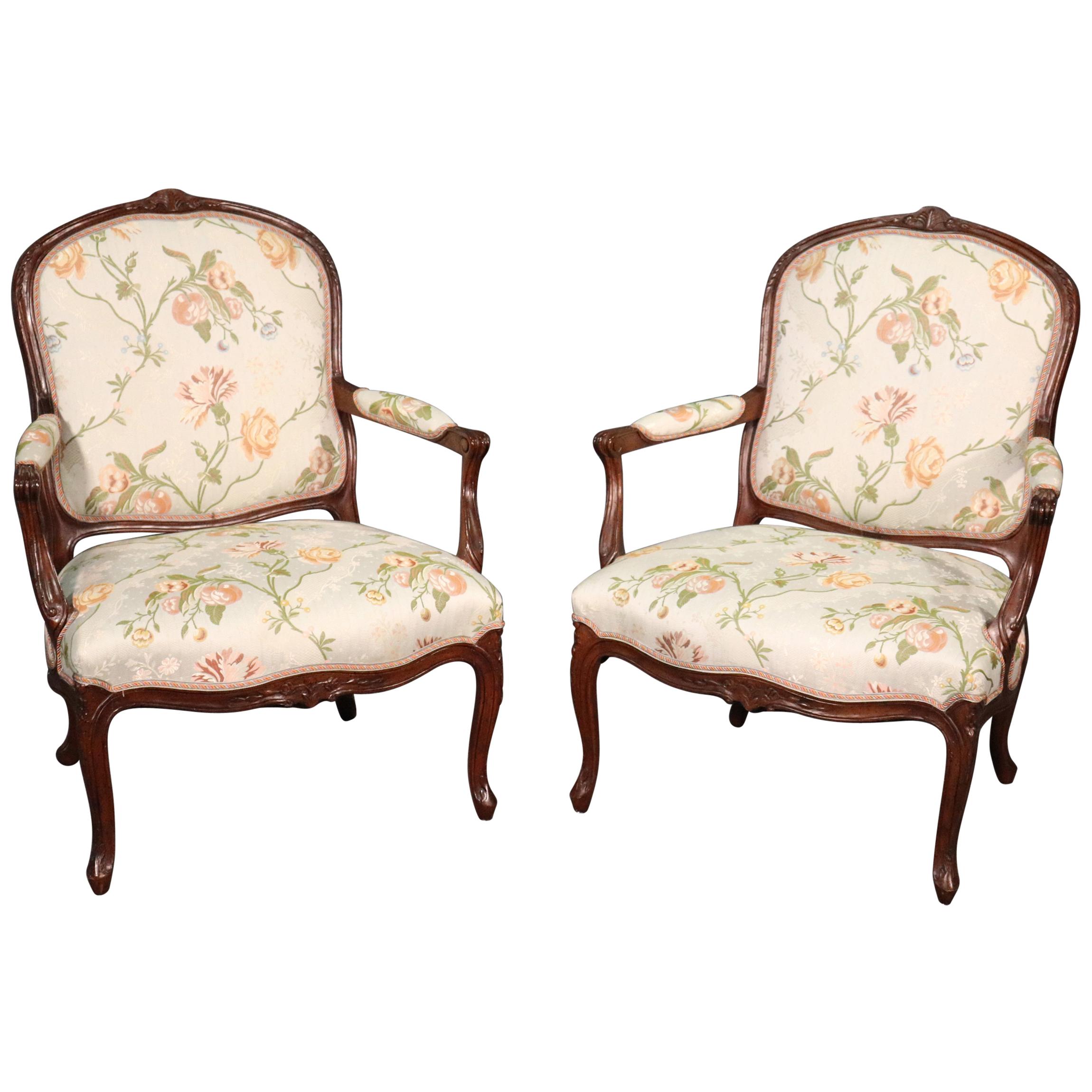 Fine Pair of French Louis XV Walnut Upholstered Open Bergère Open Armchairs For Sale