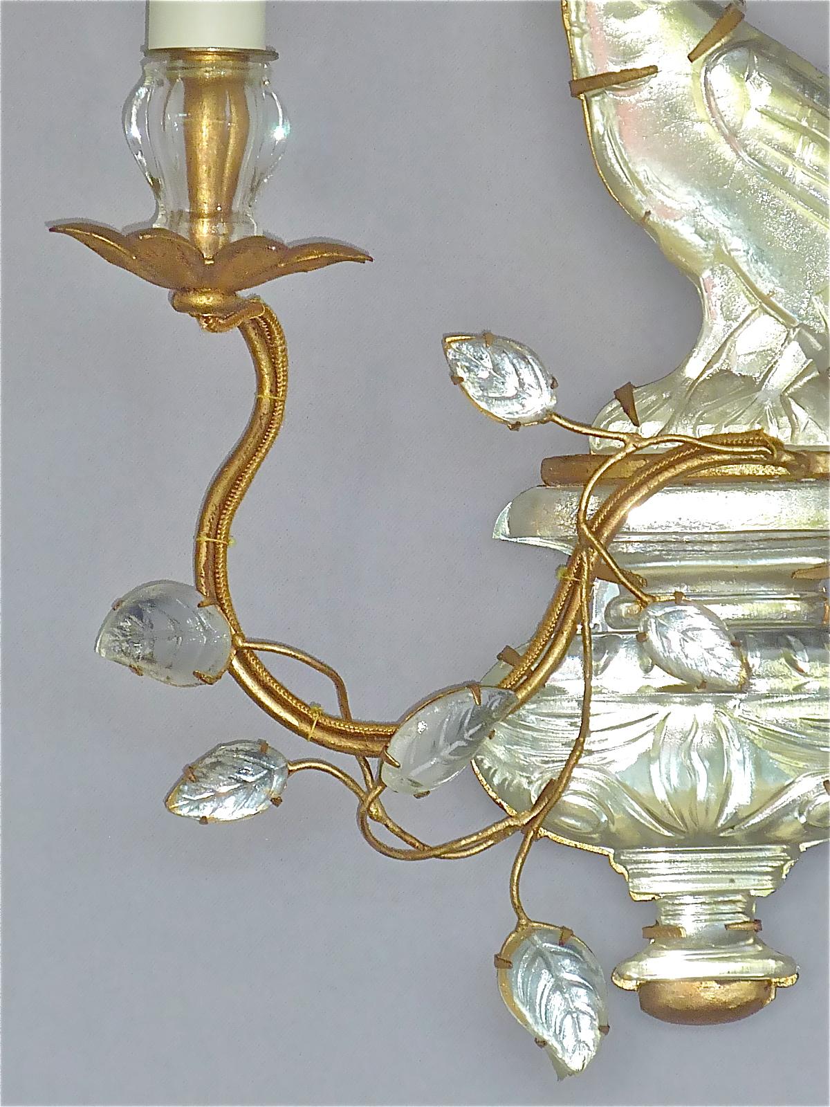 Fine Pair French Maison Bagues Parakeet Sconces Gilt Metal Crystal Glass, 1950s 4