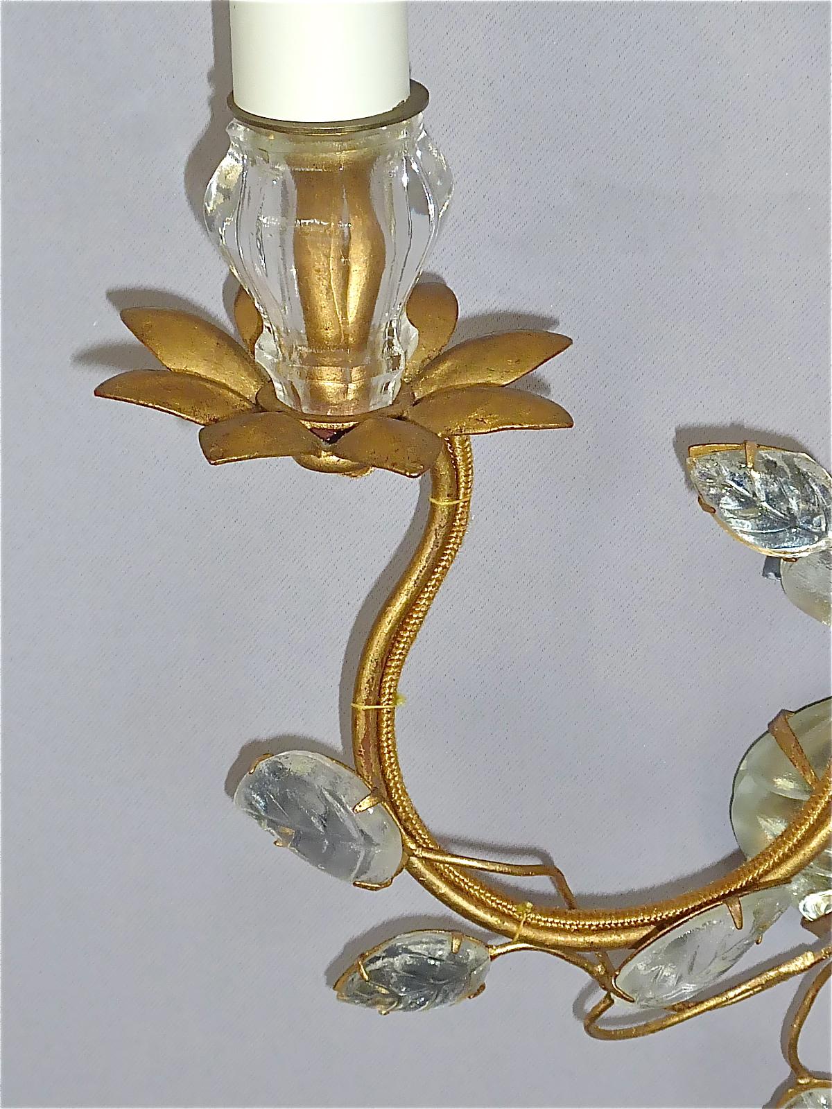 Fine Pair French Maison Bagues Parakeet Sconces Gilt Metal Crystal Glass, 1950s 5