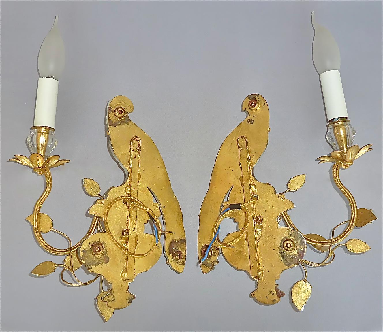 Fine Pair French Maison Bagues Parakeet Sconces Gilt Metal Crystal Glass, 1950s 6