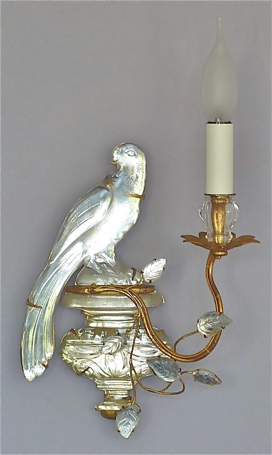 Hollywood Regency Fine Pair French Maison Bagues Parakeet Sconces Gilt Metal Crystal Glass, 1950s