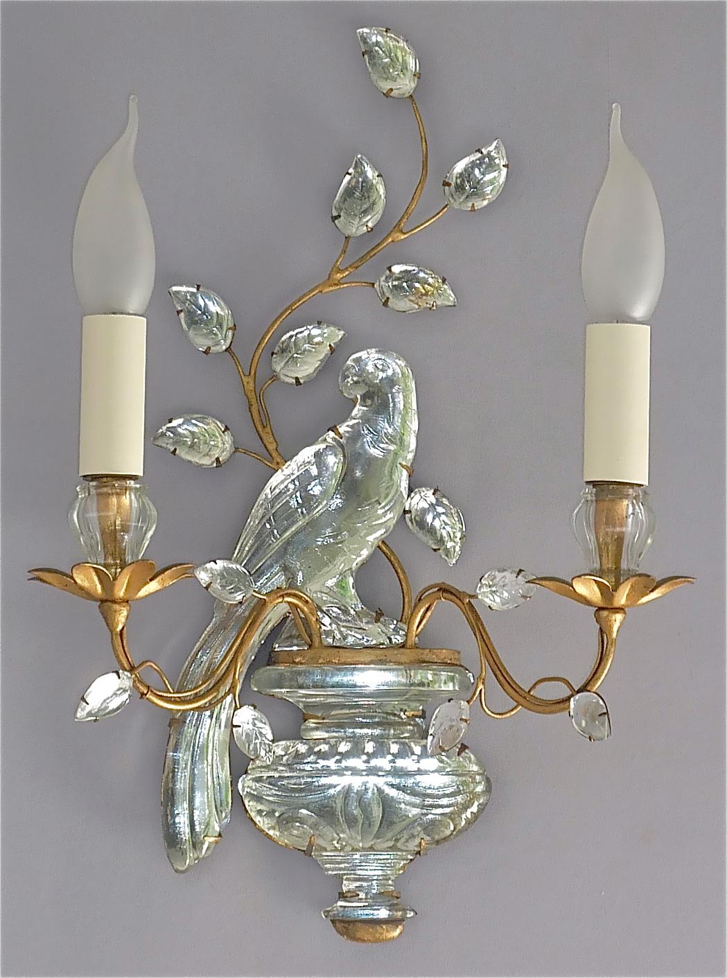 Hollywood Regency Fine Pair French Maison Bagues Parakeet Sconces Gilt Metal Crystal Glass, 1950s For Sale