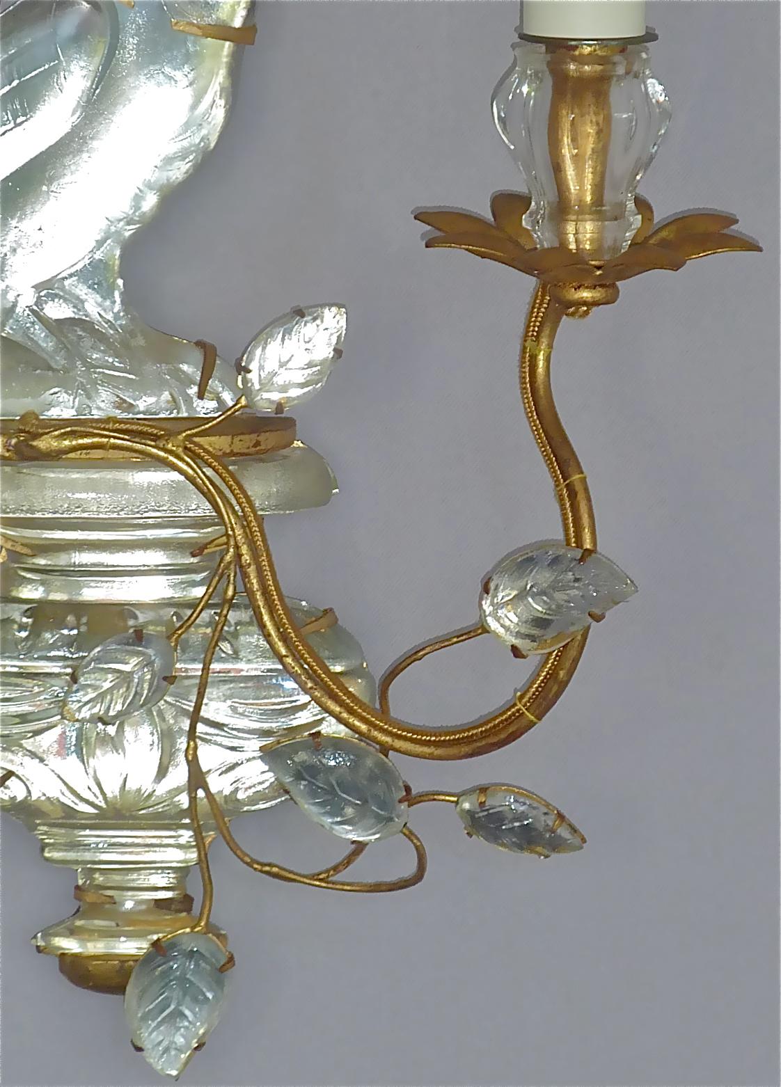 Mid-20th Century Fine Pair French Maison Bagues Parakeet Sconces Gilt Metal Crystal Glass, 1950s