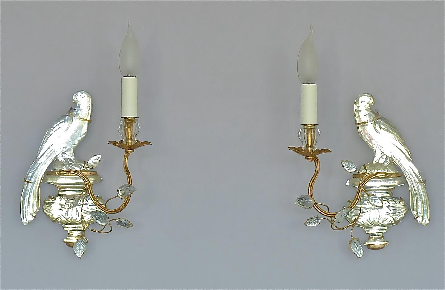 Fine Pair French Maison Bagues Parakeet Sconces Gilt Metal Crystal Glass, 1950s 1