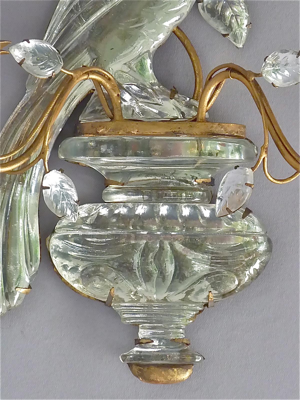 Fine Pair French Maison Bagues Parakeet Sconces Gilt Metal Crystal Glass, 1950s For Sale 1
