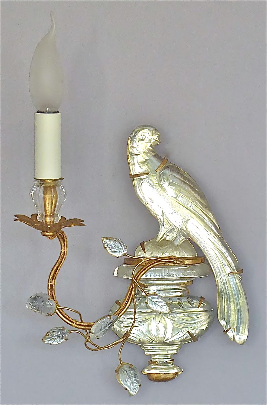 Fine Pair French Maison Bagues Parakeet Sconces Gilt Metal Crystal Glass, 1950s 2