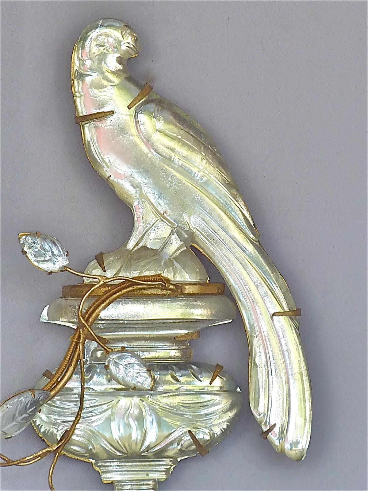 Fine Pair French Maison Bagues Parakeet Sconces Gilt Metal Crystal Glass, 1950s 3