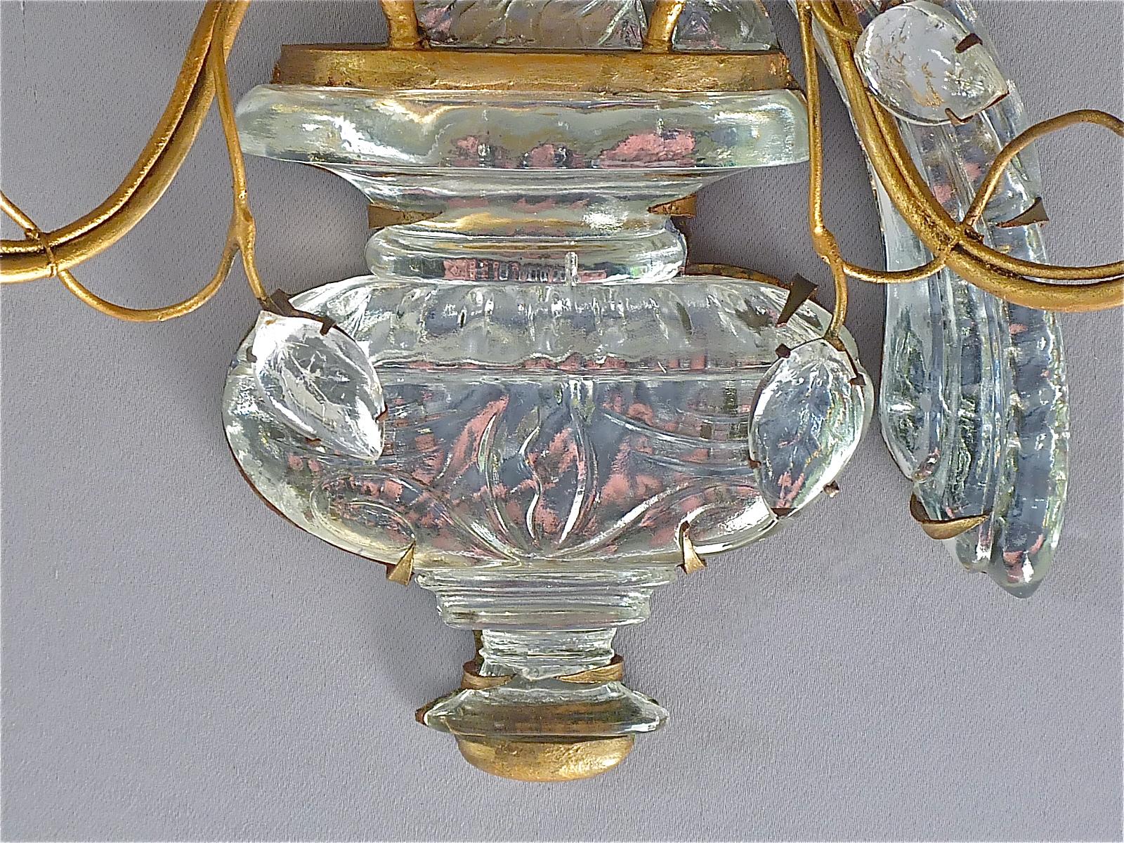 Fine Pair French Maison Bagues Parakeet Sconces Gilt Metal Crystal Glass, 1950s For Sale 3
