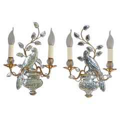 Fine Pair French Maison Bagues Parakeet Sconces Gilt Metal Crystal Glass, 1950s