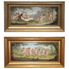 Pair French Signed A. Vion French 19th Century Paintings Putti Cherubs at Play