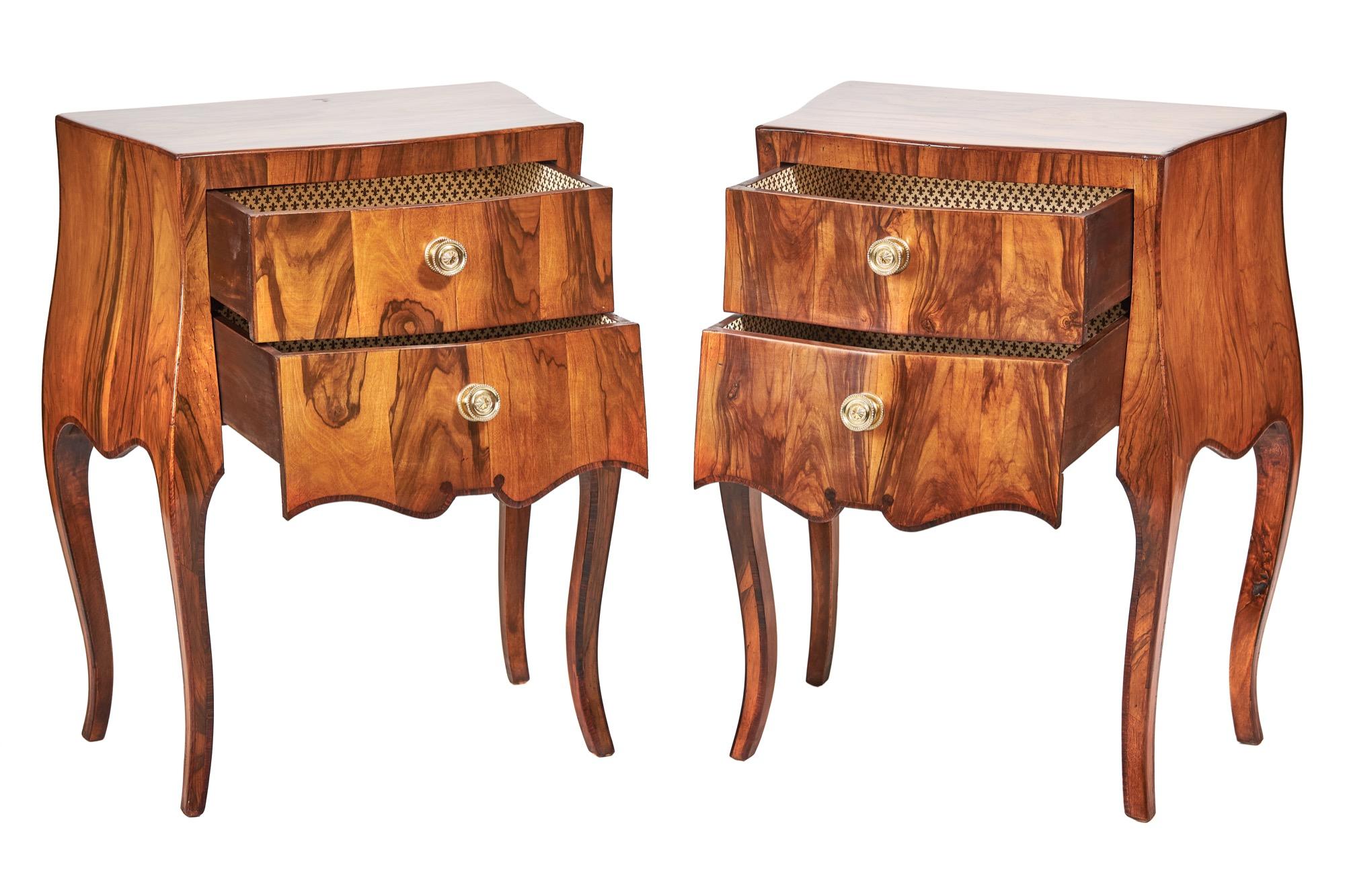 Fine pair French walnut bombe shape 2 drawer chests, circa 1920s
Figured Walnut,
Each with Two drawers, cast brass knobs,
Drawers lined with Fleur-de-lis design paper
French Cabriole shaped legs.
Tulipwood inlay around ouside of legs & bottom