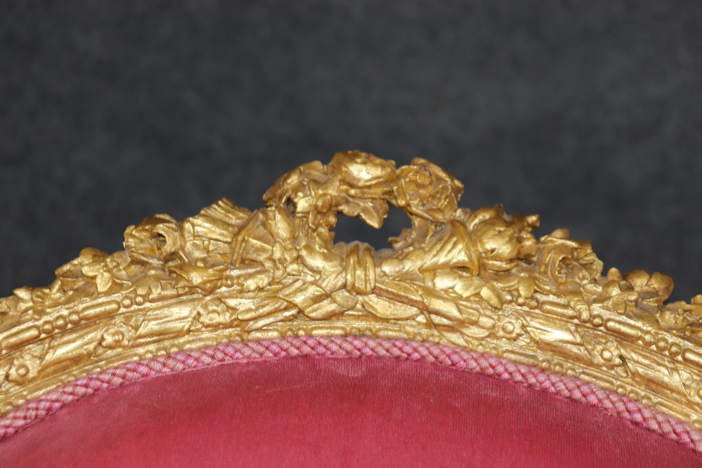 Fine Pair Genuine Gold Leaf Carved French Louis XVI Style French Bergeres  In Good Condition For Sale In Swedesboro, NJ