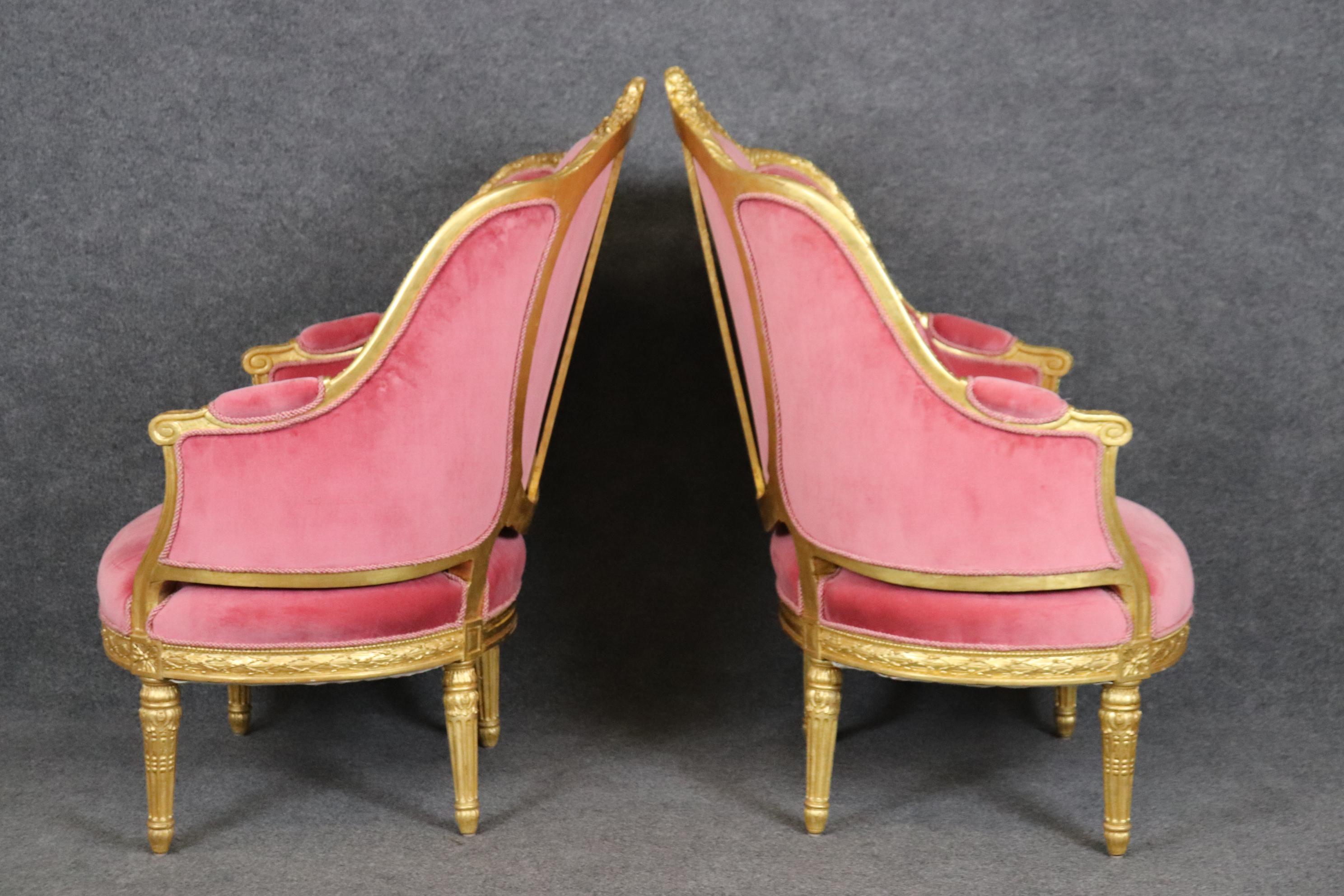 Fine Pair Genuine Gold Leaf Carved French Louis XVI Style French Bergeres  For Sale 1